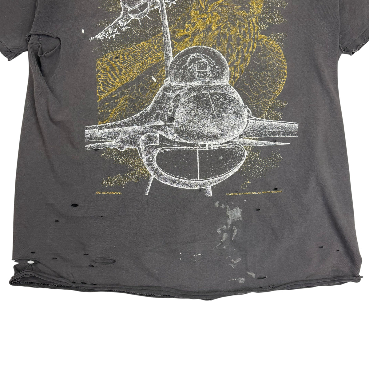 1990 Blackbird F-16 Fighting Falcon Thrashed Tee Faded Grey