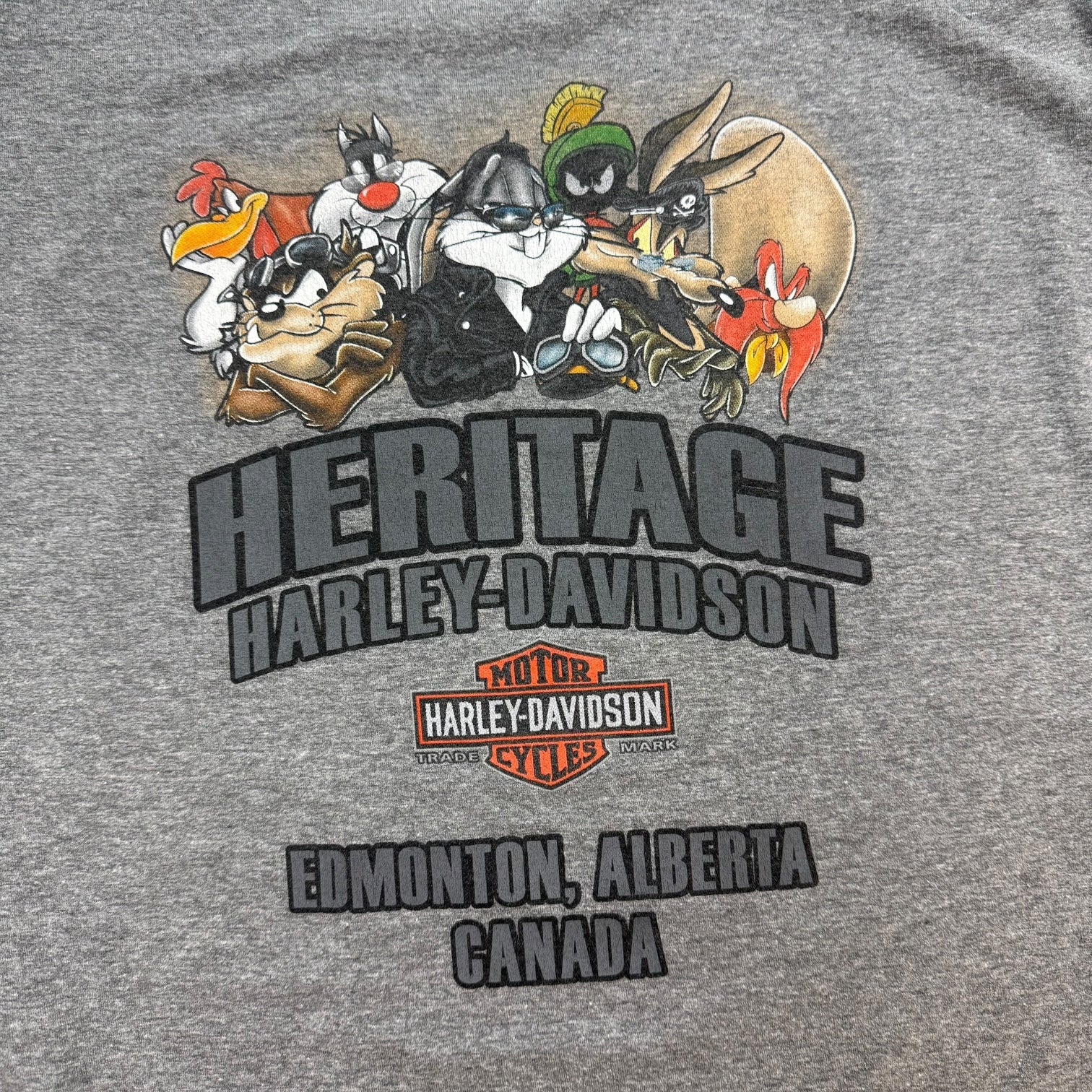 Vintage Harley Davidson Of Edmonton Looney Tunes Tee Grey