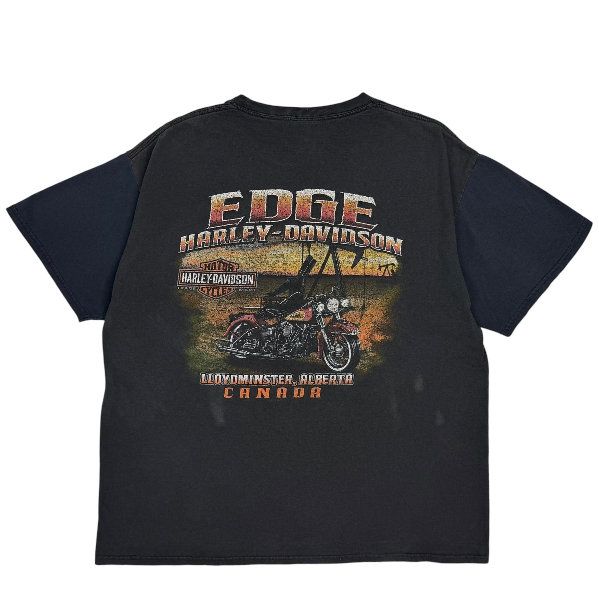 Vintage Harley Davidson Edge Flaming Skull Contrast Sleeve Tee Black
