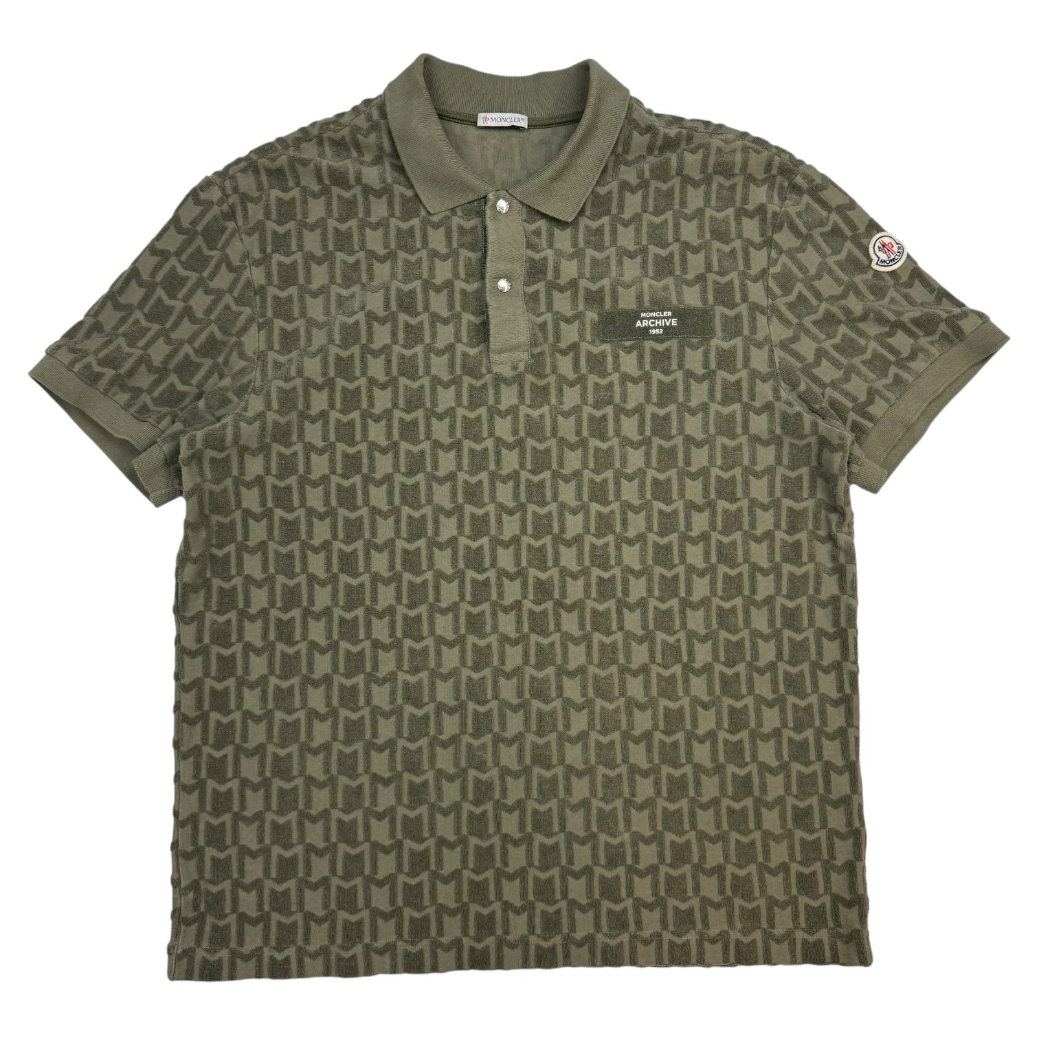 Moncler Towelling Monogram Button Up Polo Green