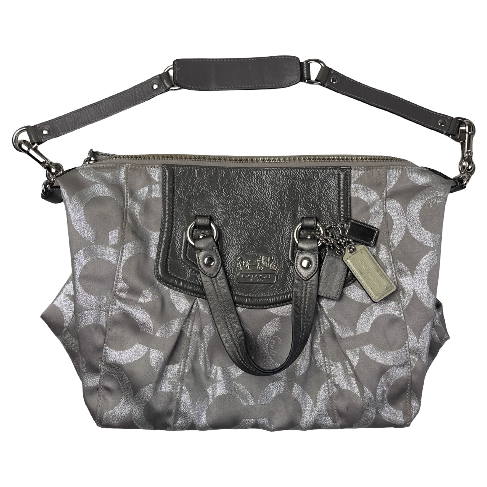 (W) Coach Madison Gray Op Art Signature C Patent Trim Purse