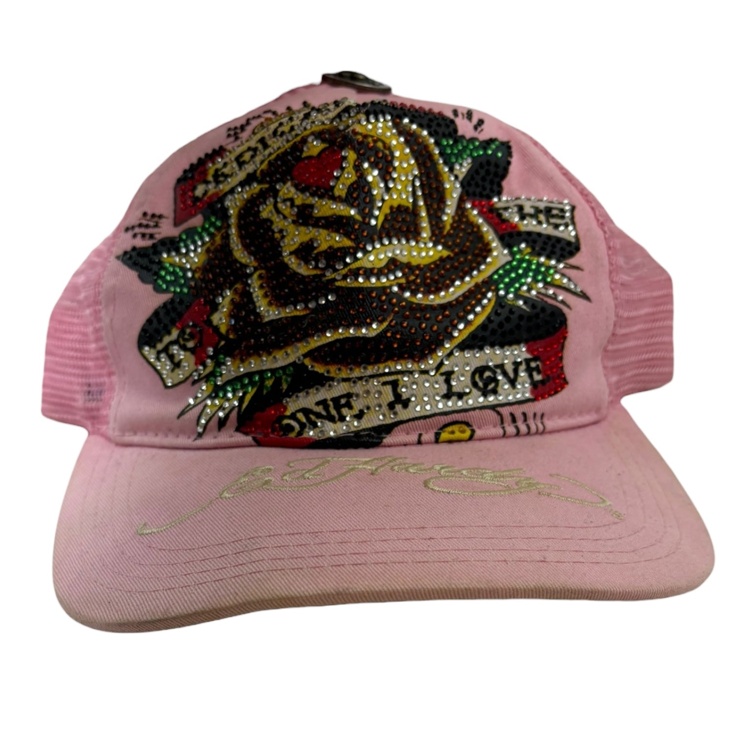 Vintage Y2K Ed Hardy Rhinestone Rose SnapBack Hat Pink