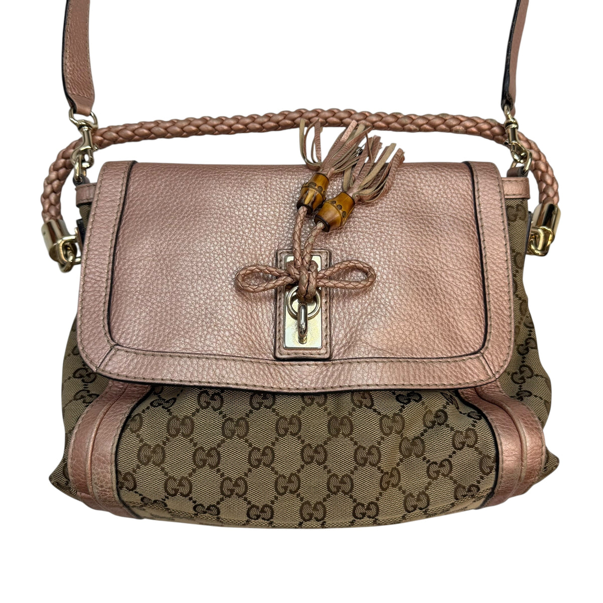(W) Gucci GG Canvas Bella Flap Satchel Bag Beige/Pink