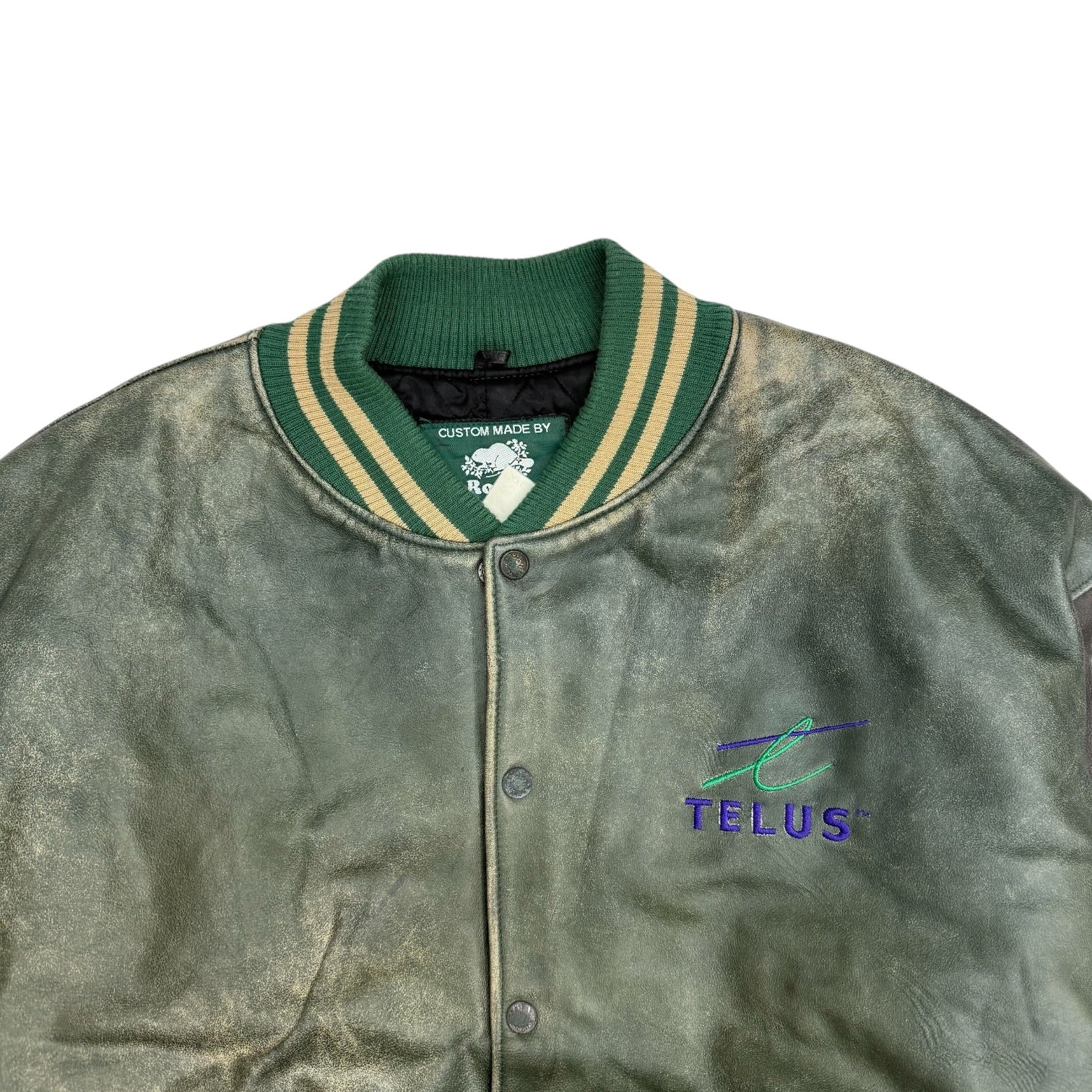 Vintage Roots Canada Telus Leather Bomber Jacket Green/Brown