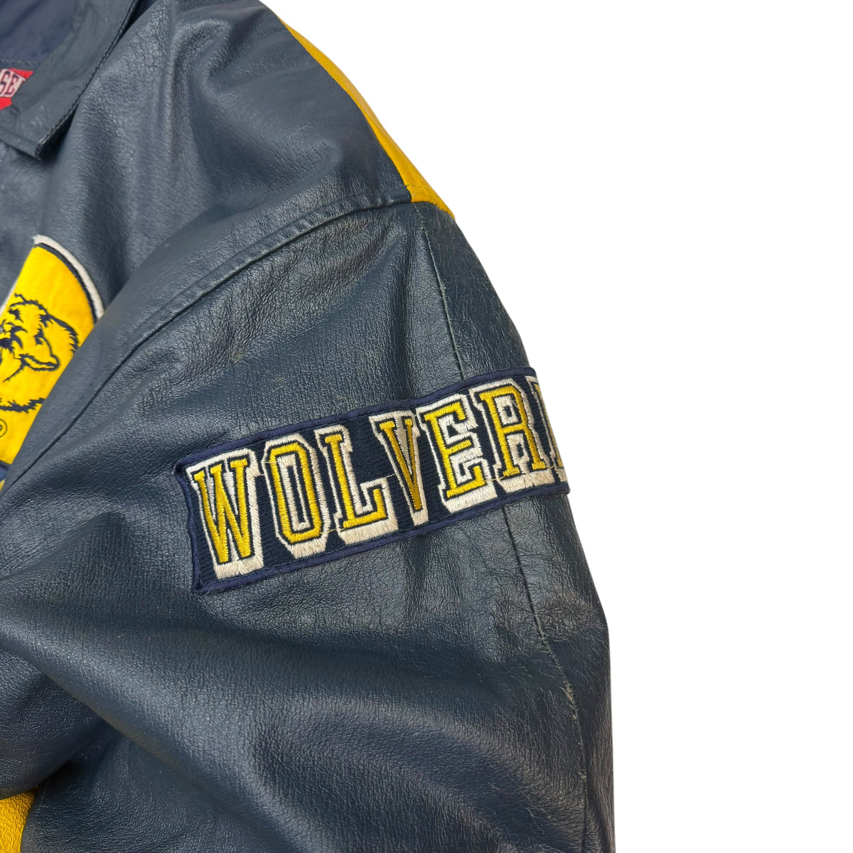 Vintage Michigan Wolverines Leather Split Colorblock Jacket Navy/Yellow
