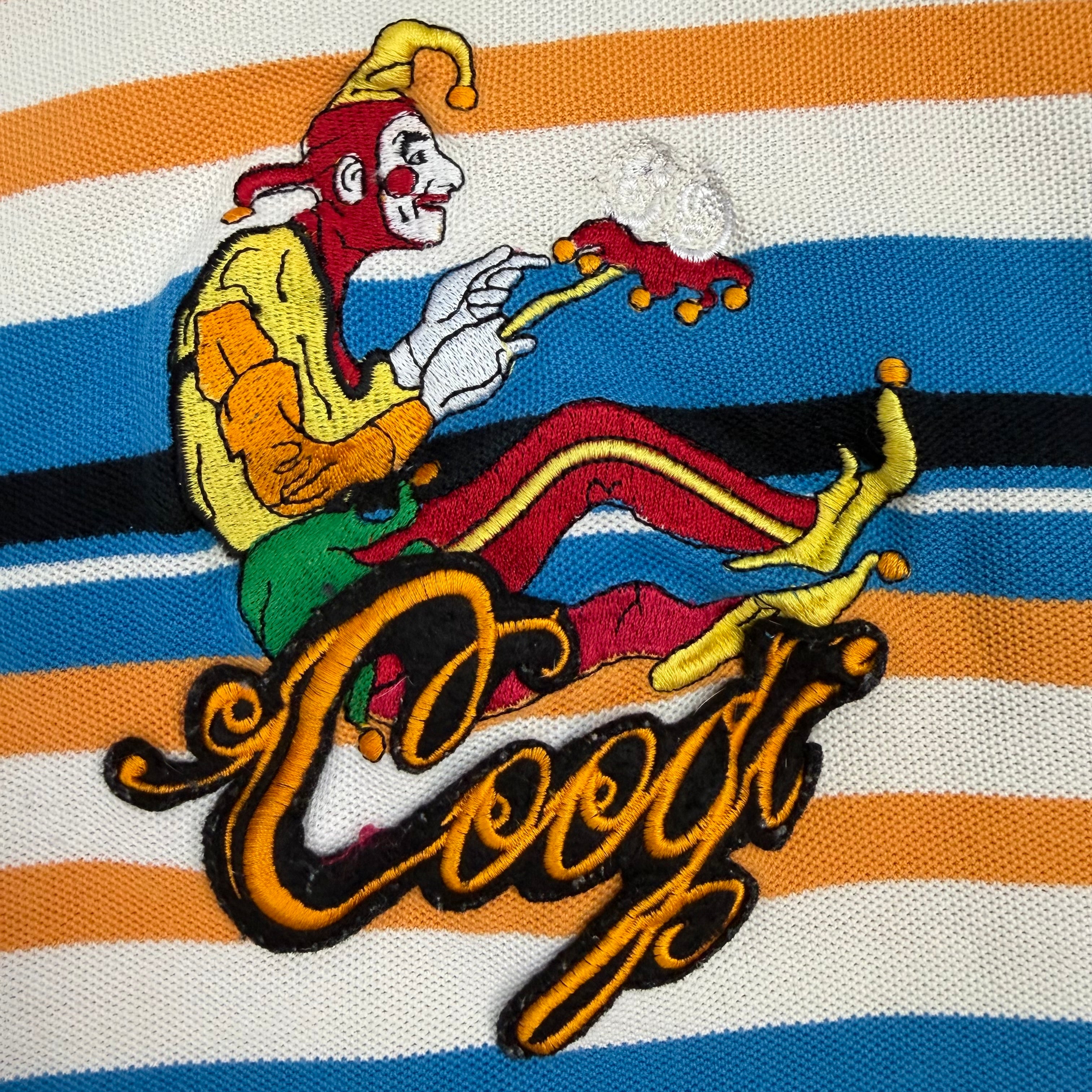 Vintage Coogi Embroidered Jester Striped Button Up Polo Shirt Blue/Yellow