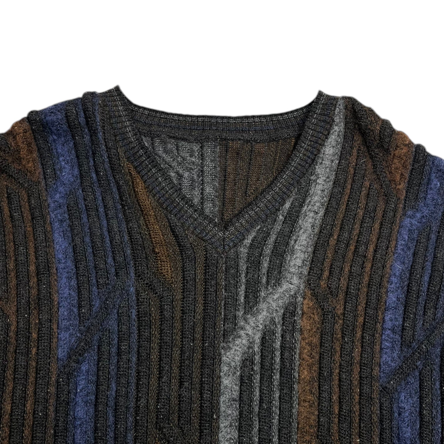 Vintage V-Neck 3D Dark Blue & Brown Knit