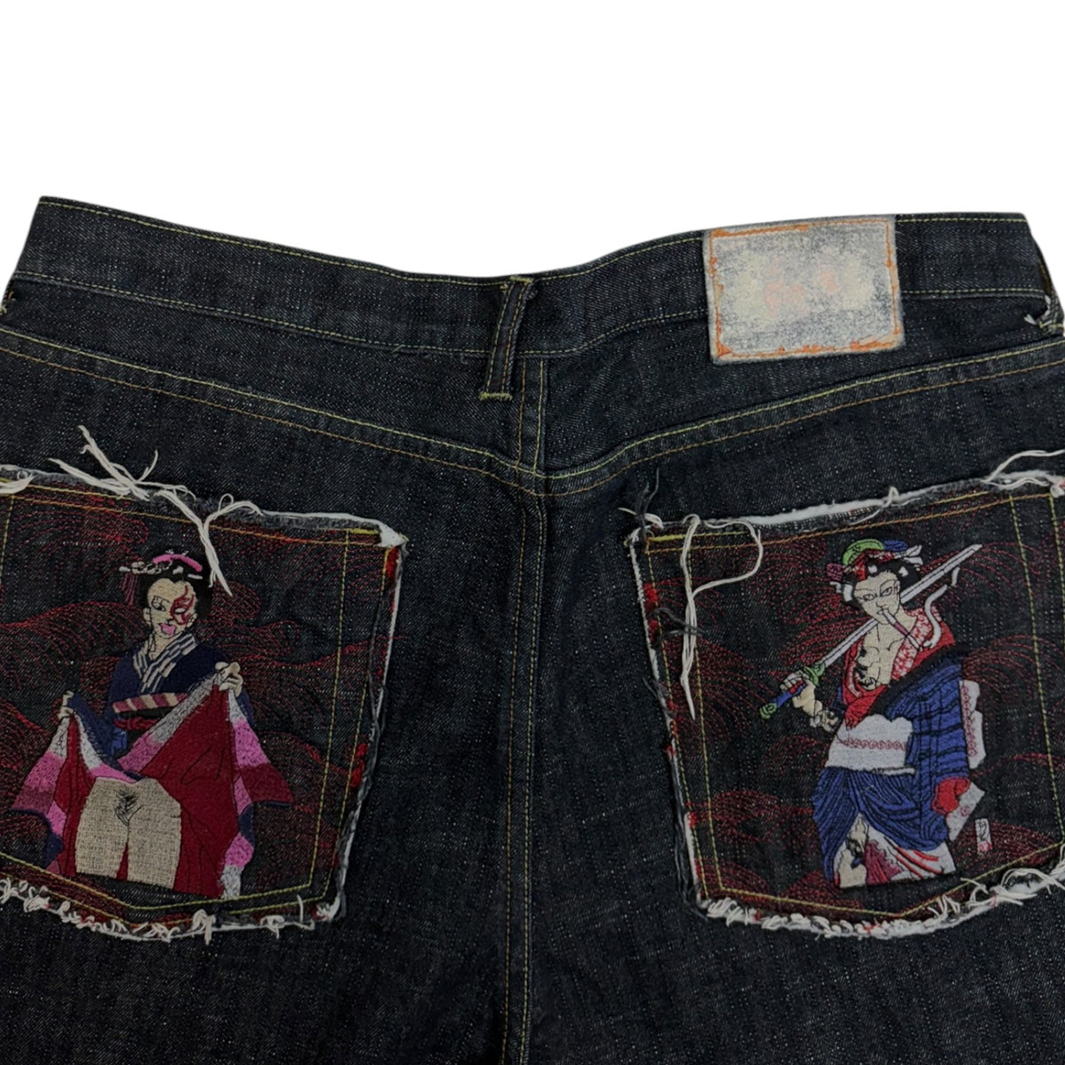 Red Monkey Company Embroided Geisha Baggy Denim Shorts Dark Wash