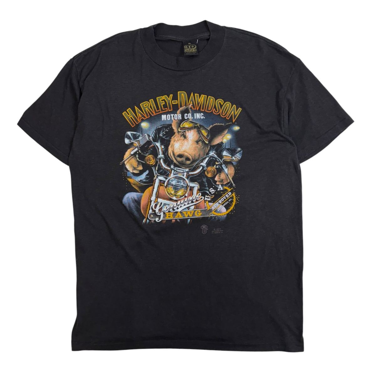Vintage 1989 Harley-Davidson "Genuine Hawg" 3D Emblem T-Shirt Faded Black