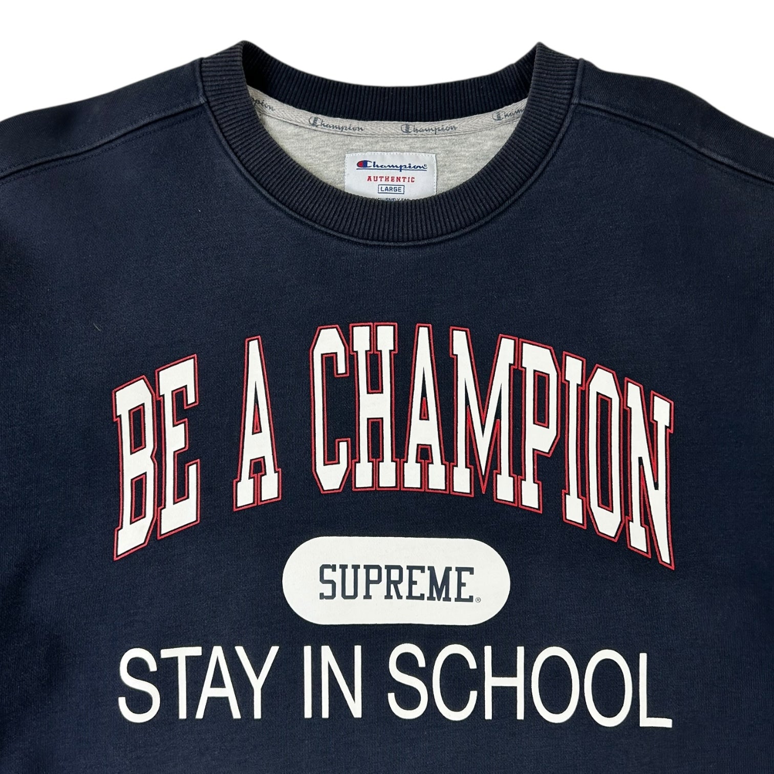 Supreme x Champion Stay In School Crewneck Navy