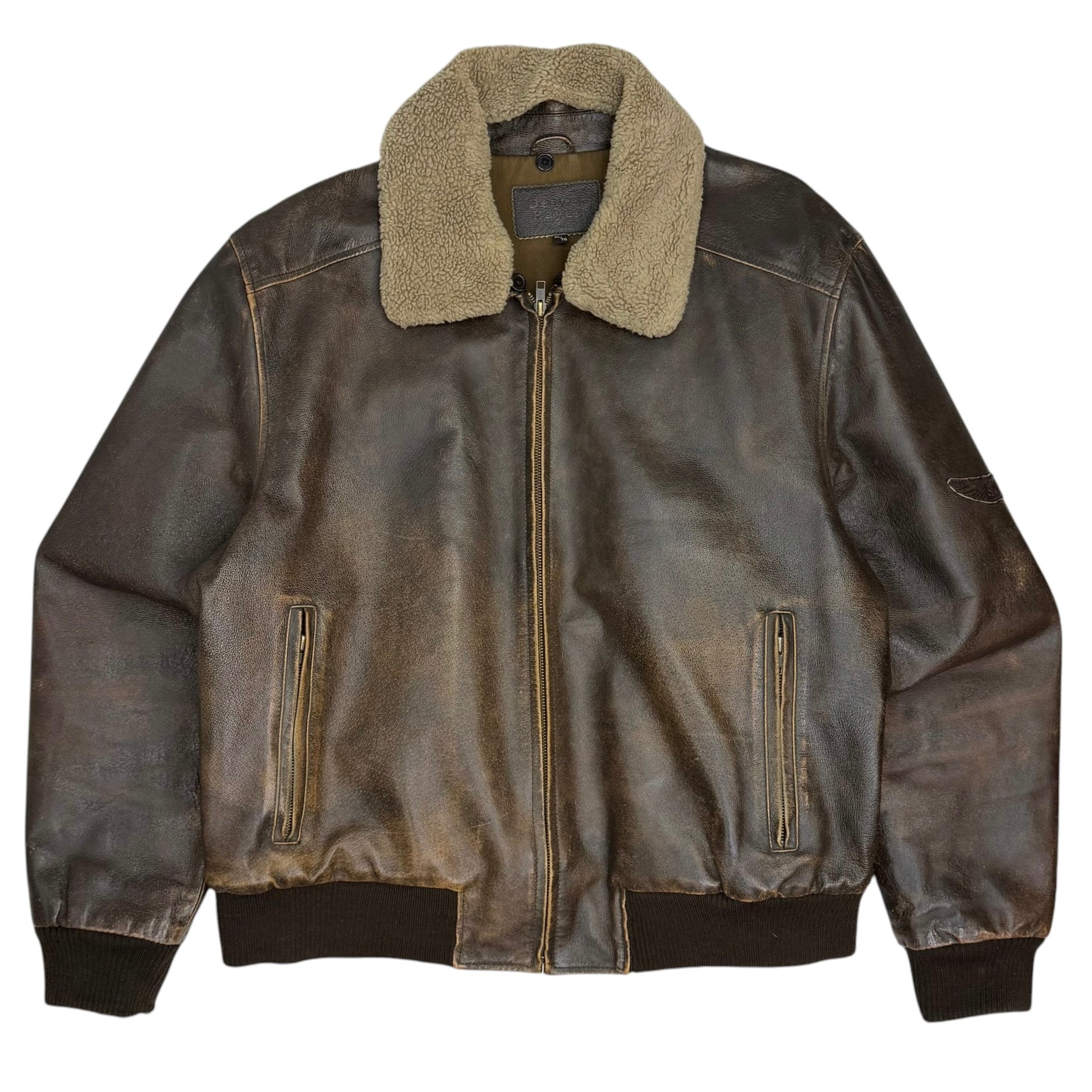 Vintage Denver Hayes Shearling Collar Leather Bomber Jacket Brown
