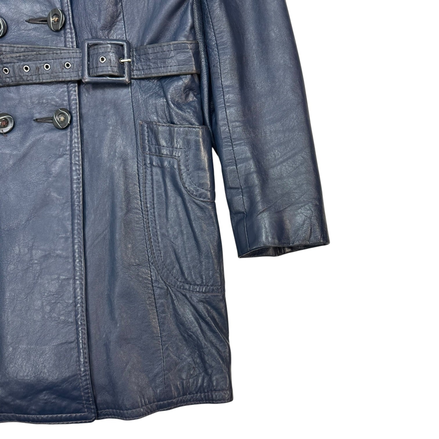 (W) Vintage Leather Trench Coat Blue