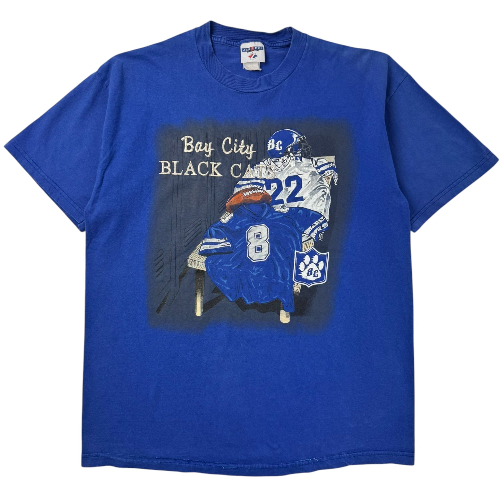 Vintage Bay City Black Cats Embroidered Spellout T-Shirt Blue