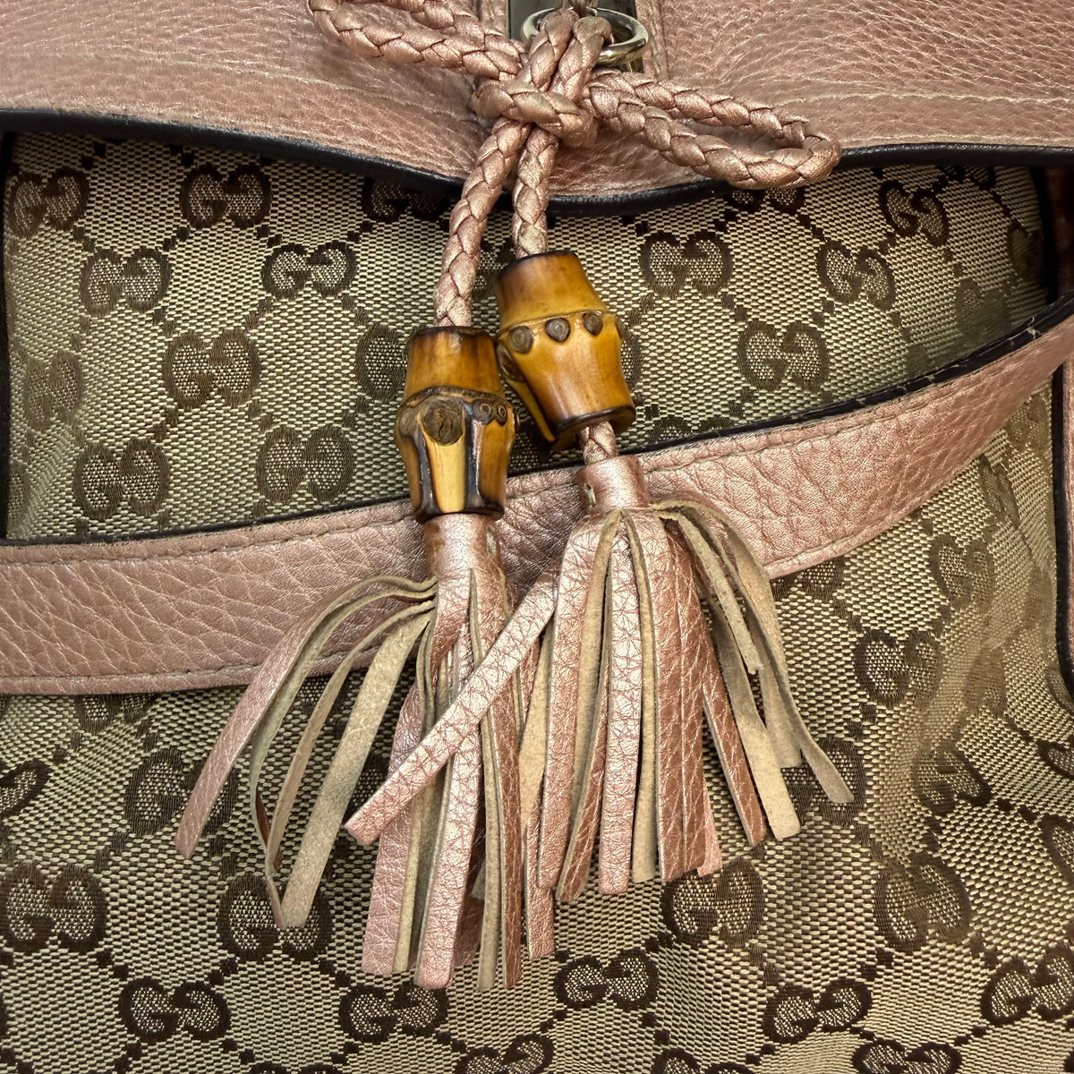 (W) Gucci GG Canvas Bella Flap Satchel Bag Beige/Pink