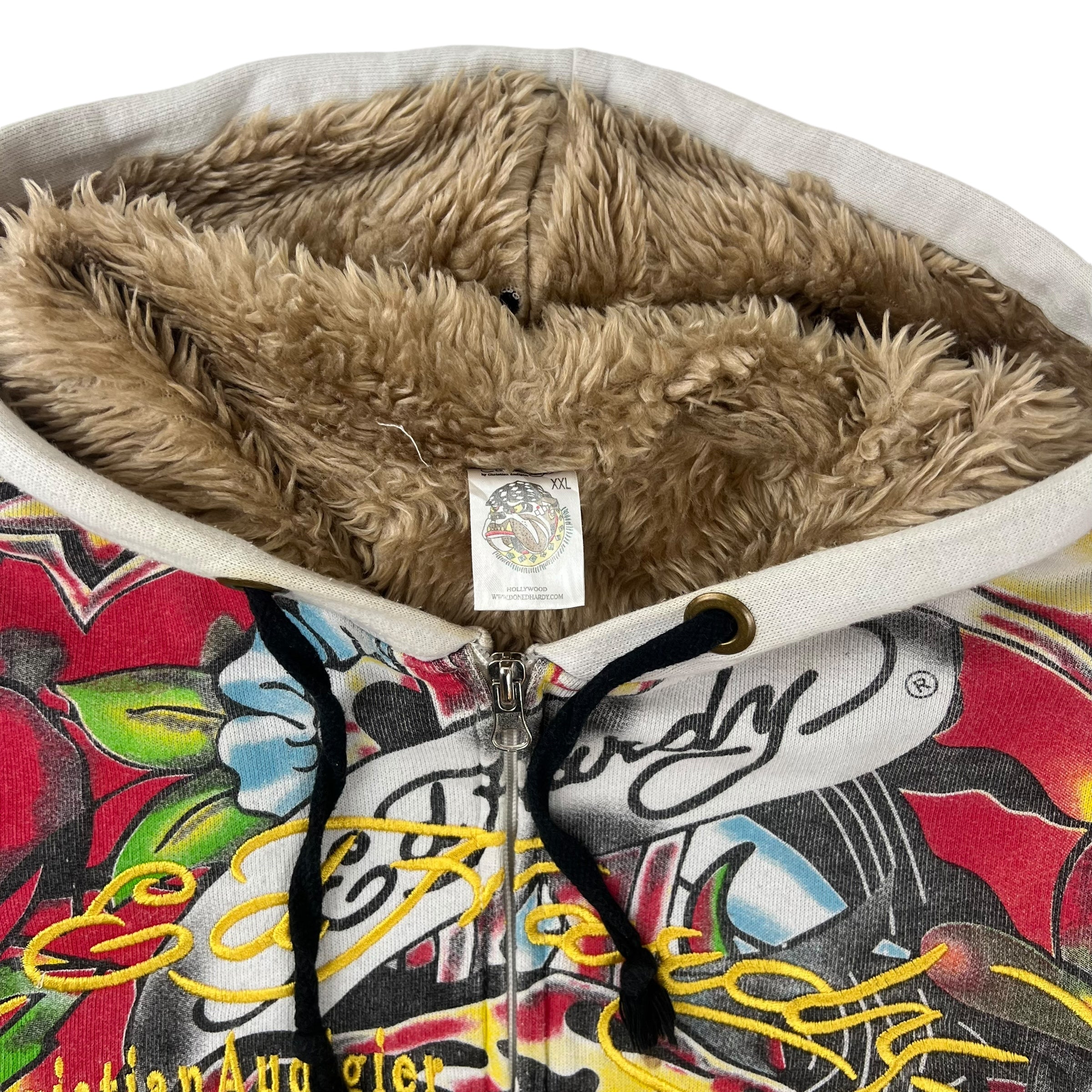 Vintage Ed-Hardy Fur-Lined Hooded Sweatshirt White