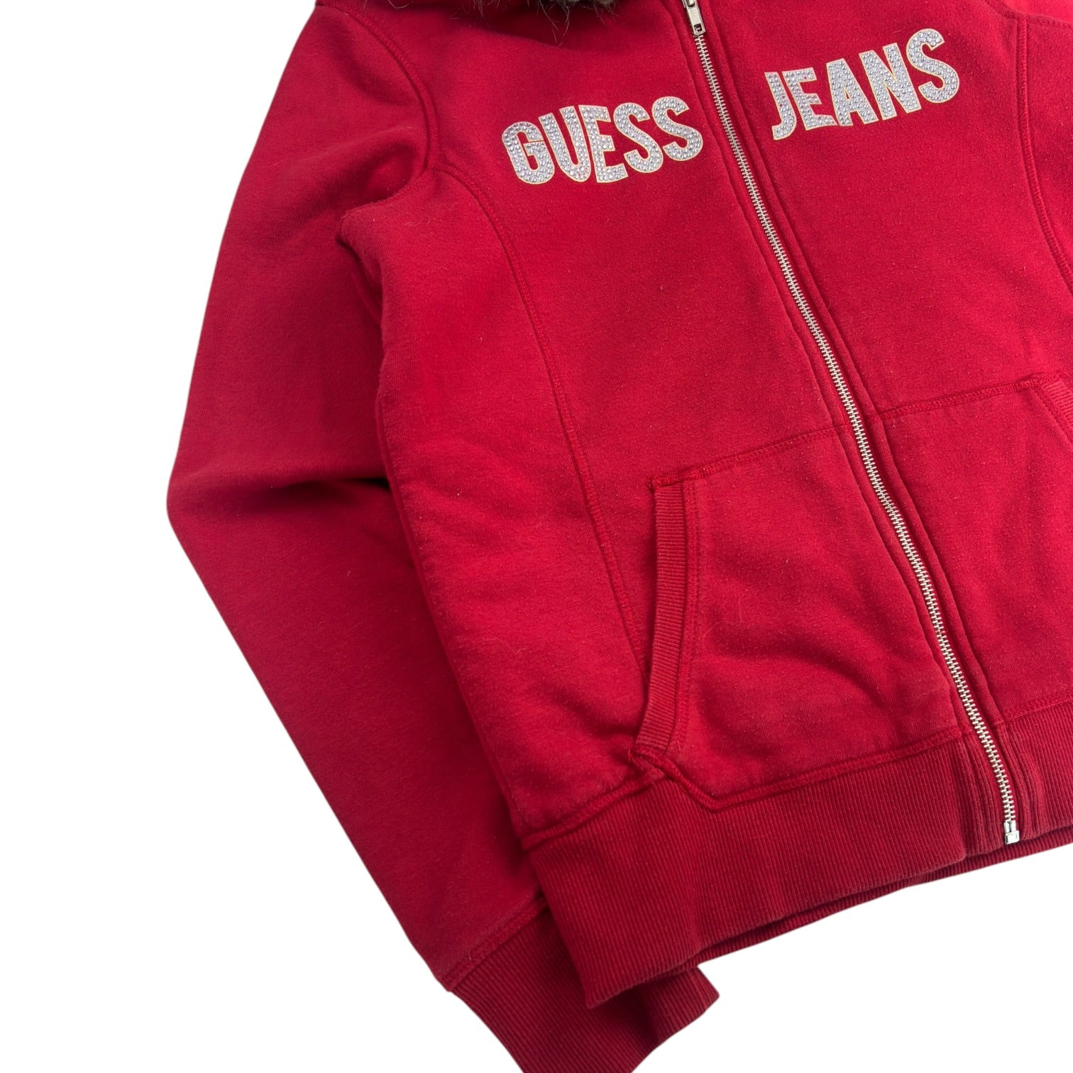 (W) Guess Faux Fur Trimmed Zip Up Hoodie Red
