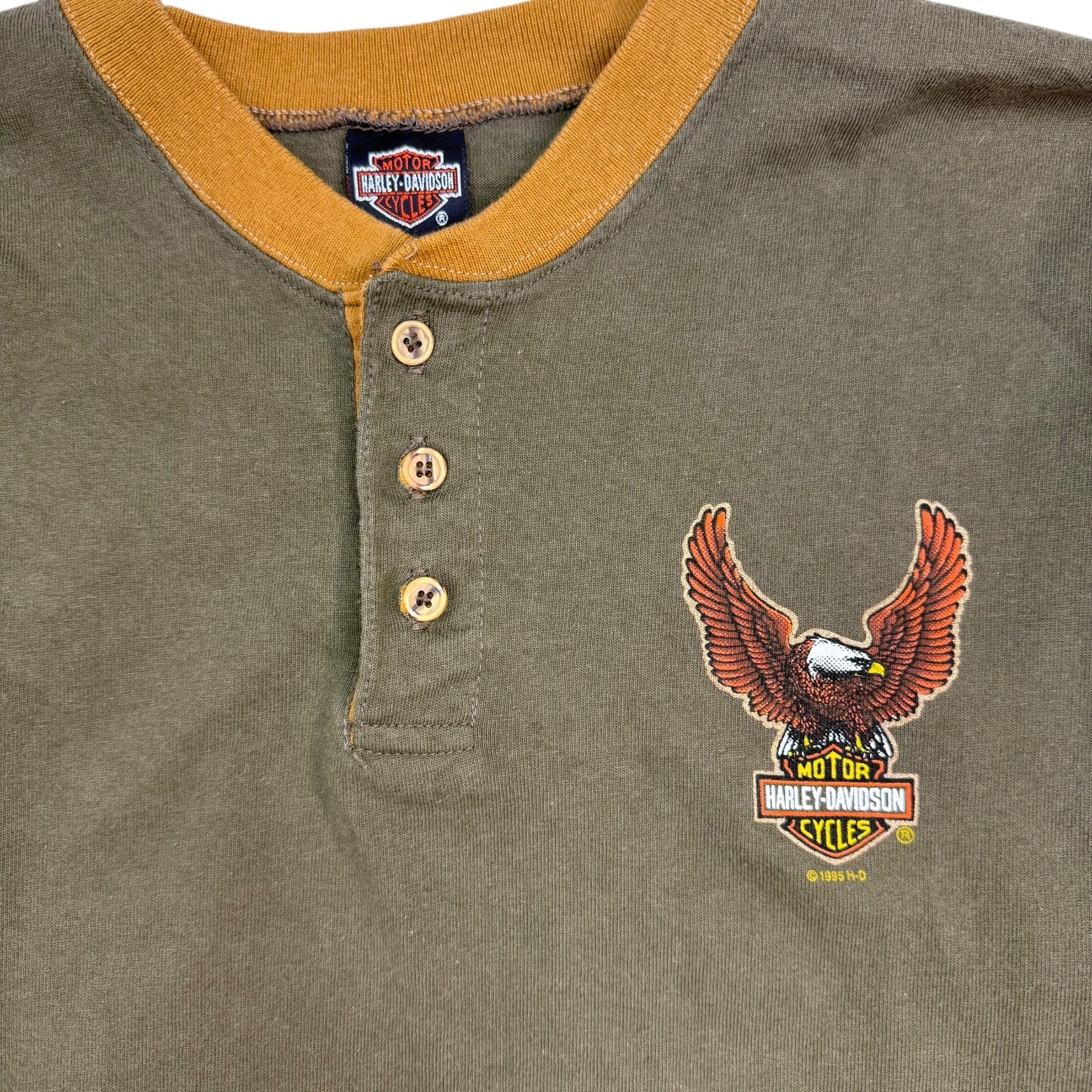 1995 Harley Davidson Henley 3/4 Sleeve Tee Brown