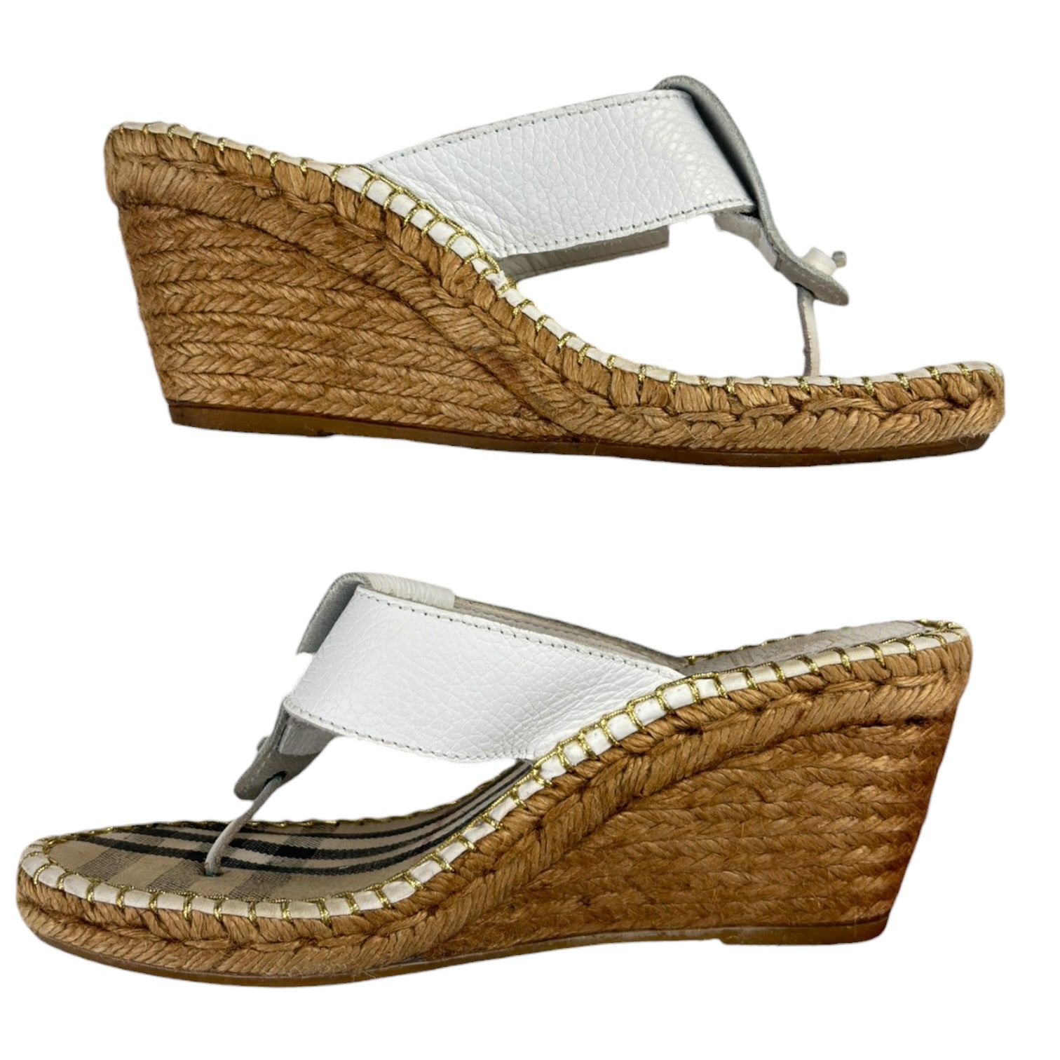 (W) Burberry White Leather Espadrille Thong Wedge