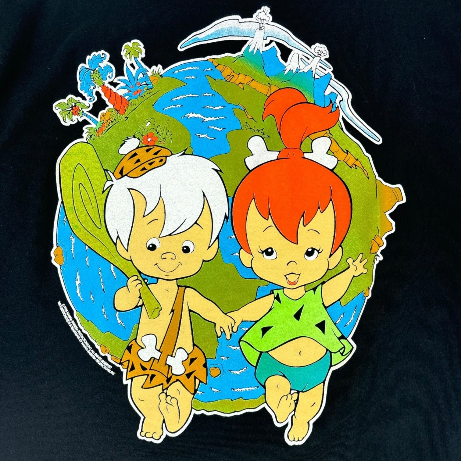 Vintage The Flintstones Bamm Bamm & Pebbles Globe T-Shirt Black