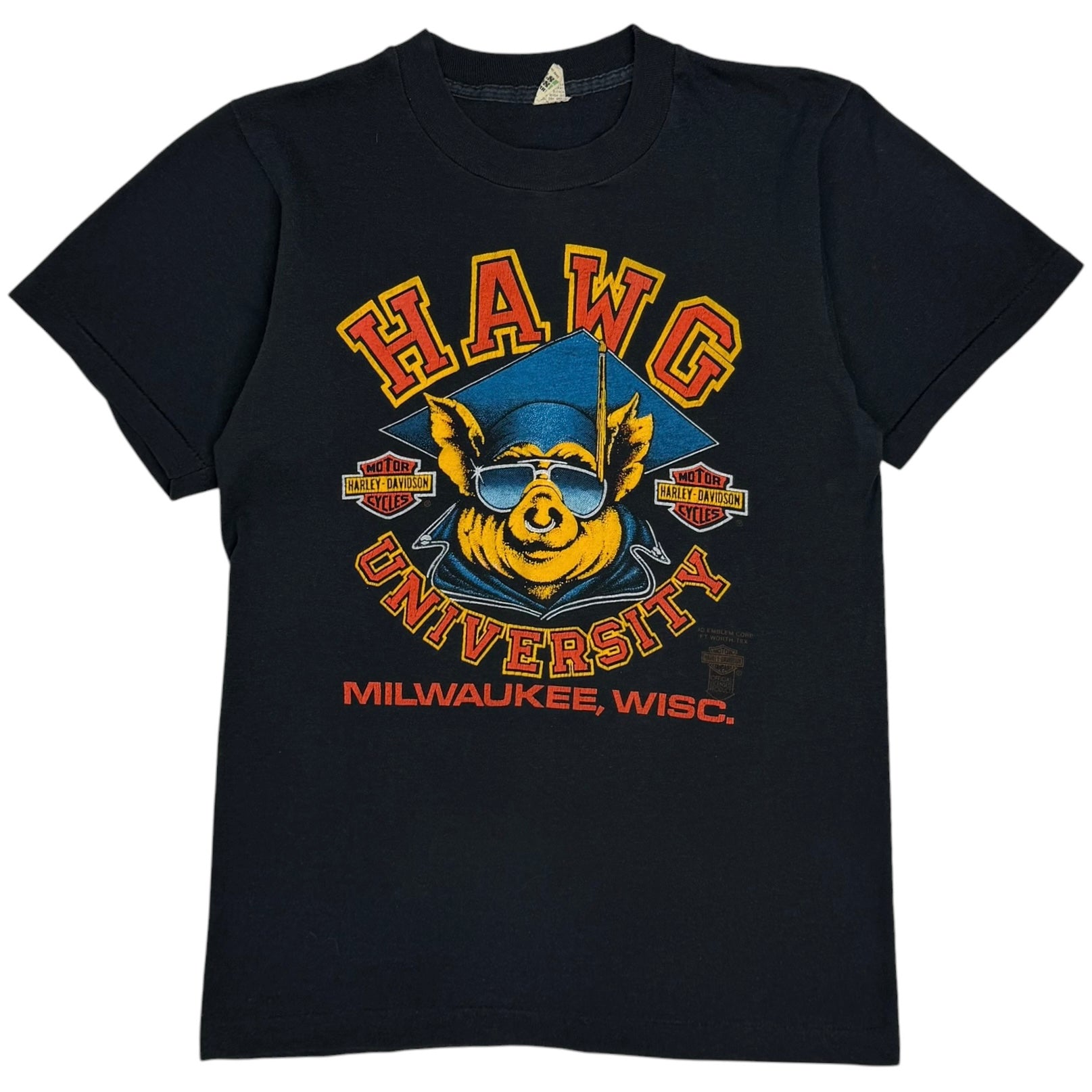 Vintage 80s 3D Emblem Harley Davidson Hawg University Tee Black