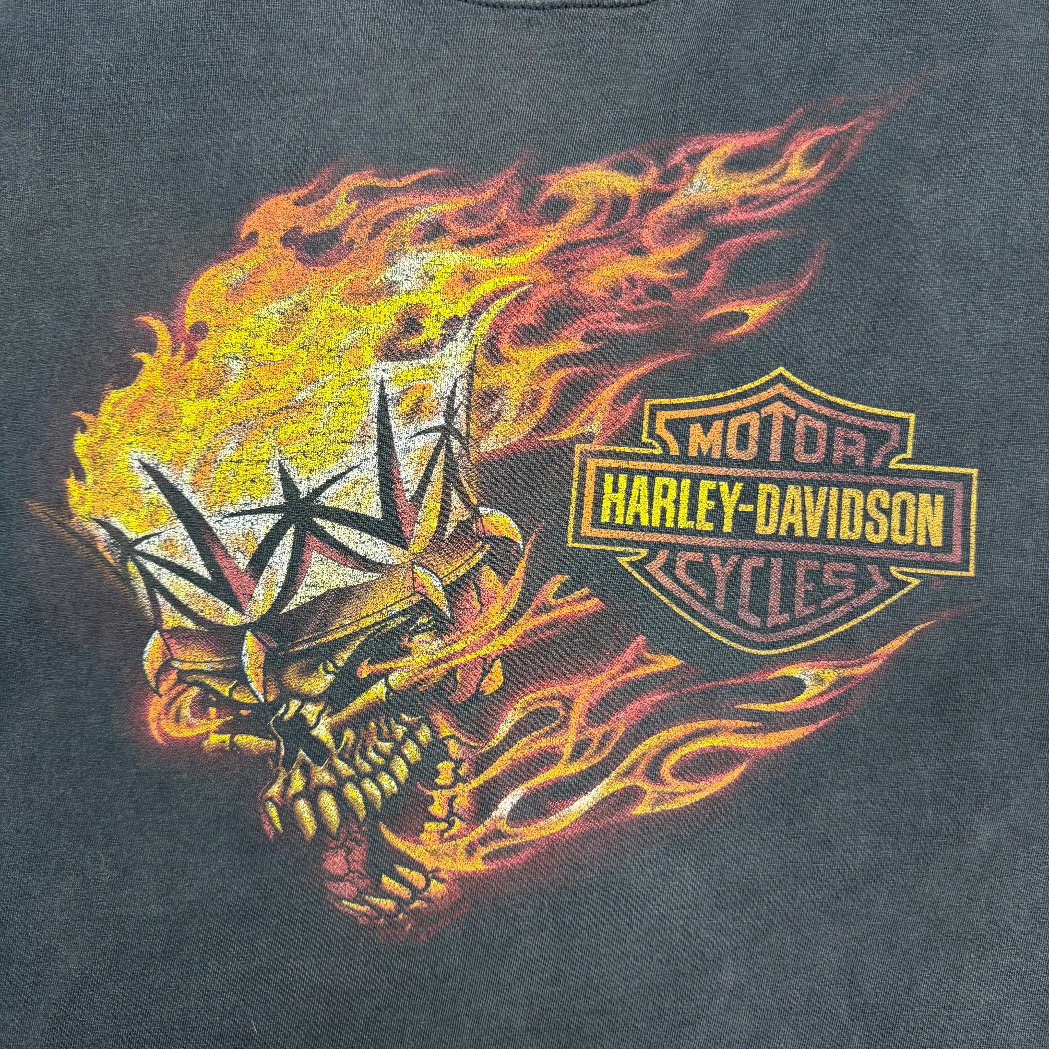 Vintage Harley Davidson Edge Flaming Skull Contrast Sleeve Tee Black