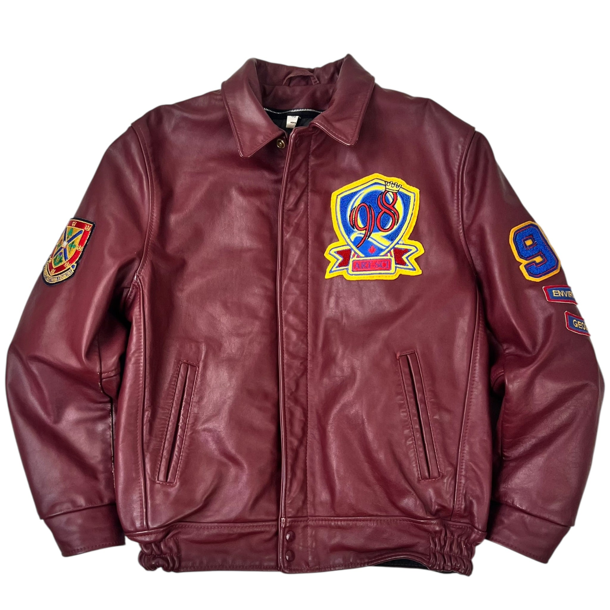 Vintage Queen's University Leather Environmental Geography Varsity Jacket Burgundy
