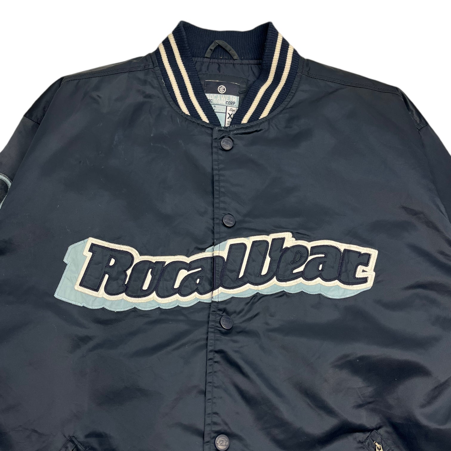 Vintage Y2K Rocawear Spellout Satin Jacket Navy