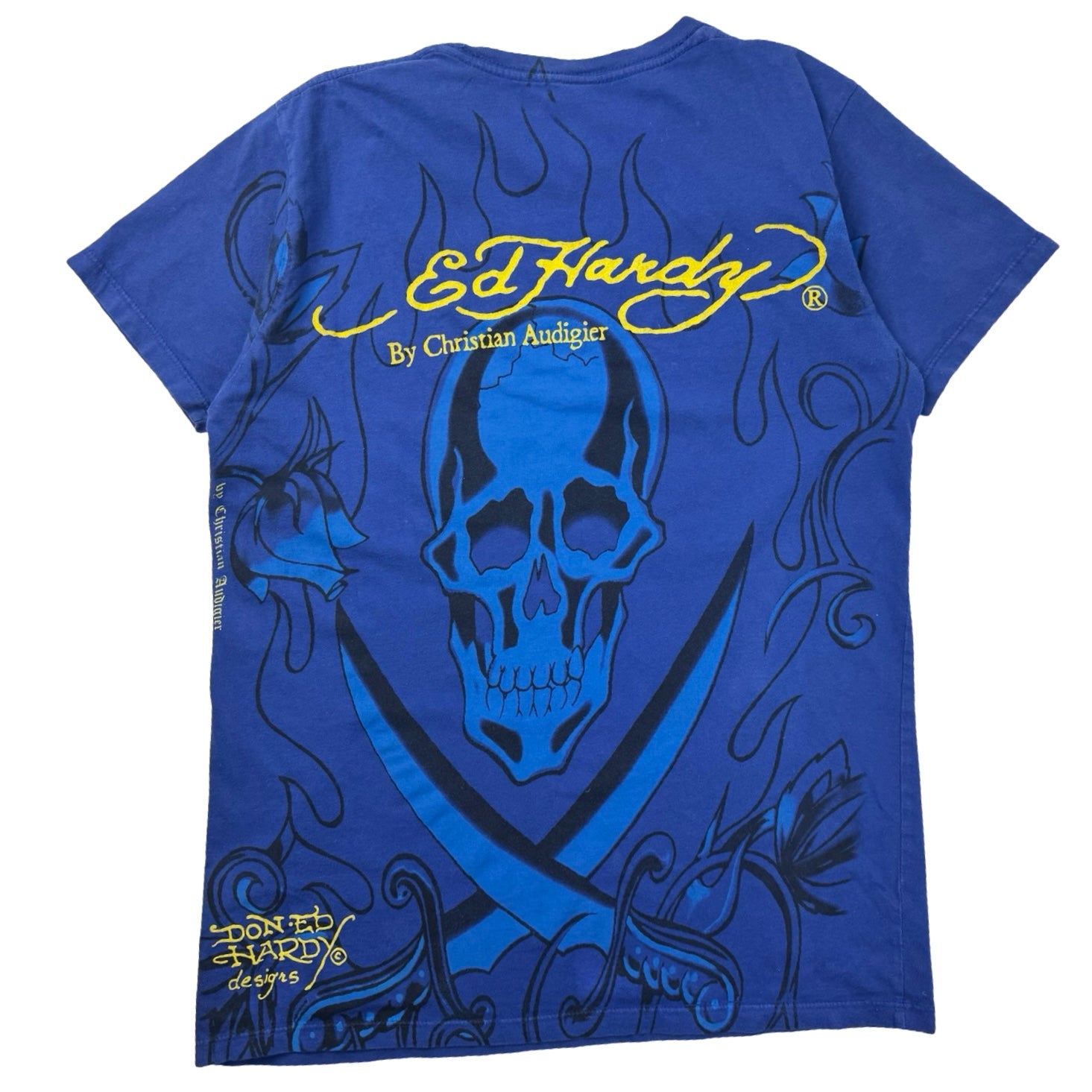 Vintage Ed Hardy Flame Skull T-Shirt Blue