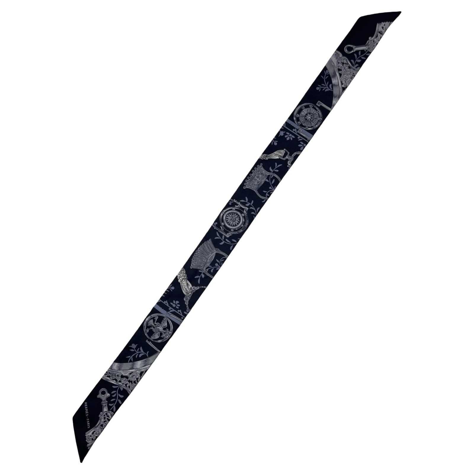 (W) Hermes Black/Blue Silk Etriers Remix Twilly