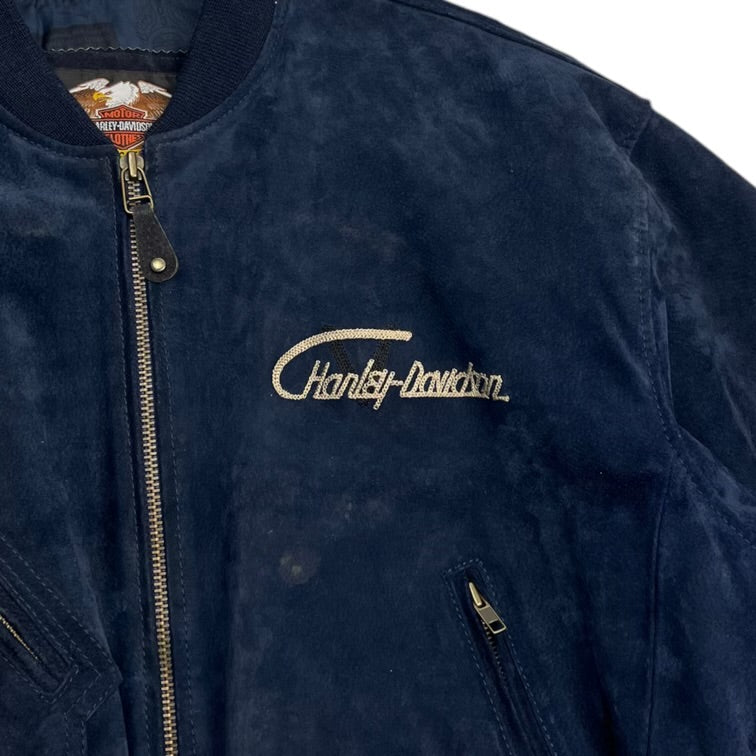 Vintage Harley Davidson Suede Bomber Jacket Navy