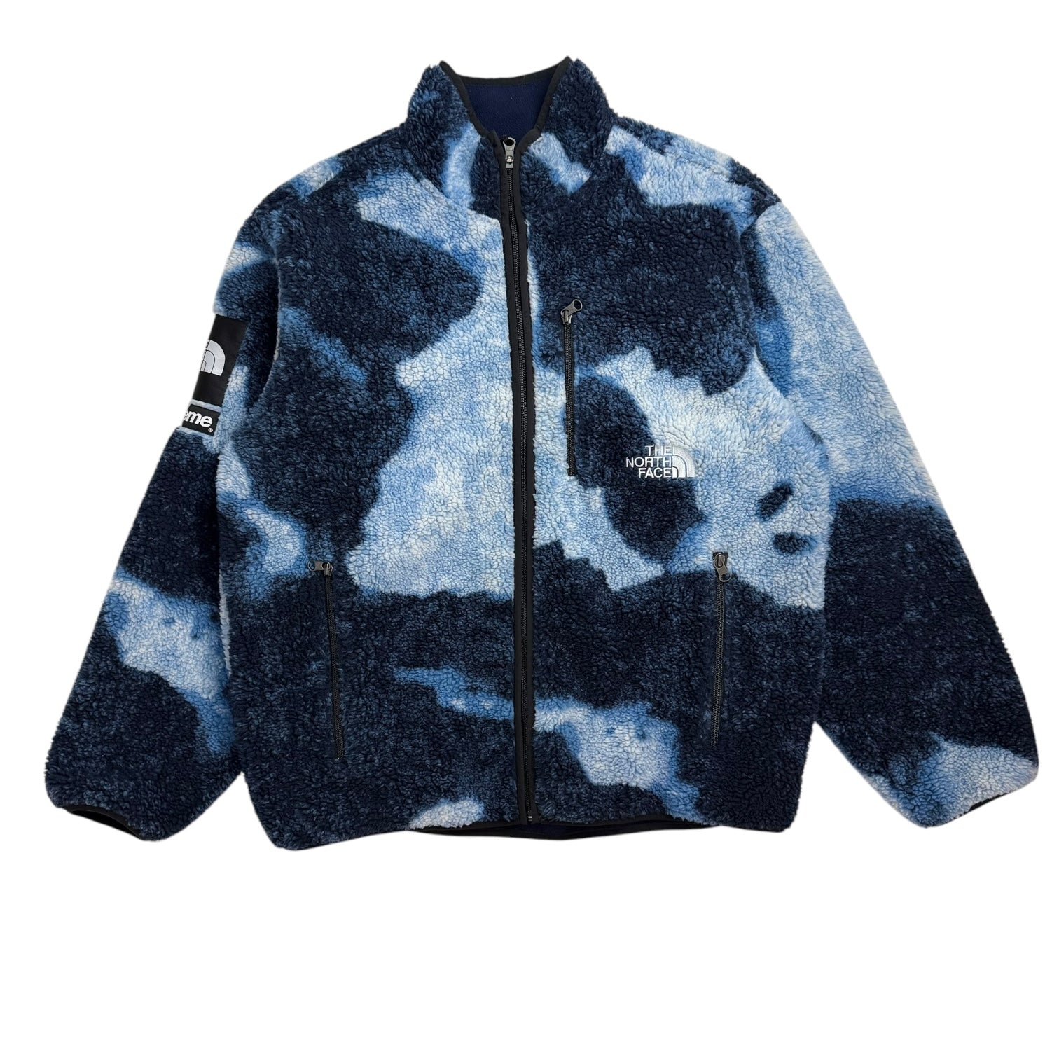 Supreme x North Face Bleached Denim Print Fleece Jacket Indigo