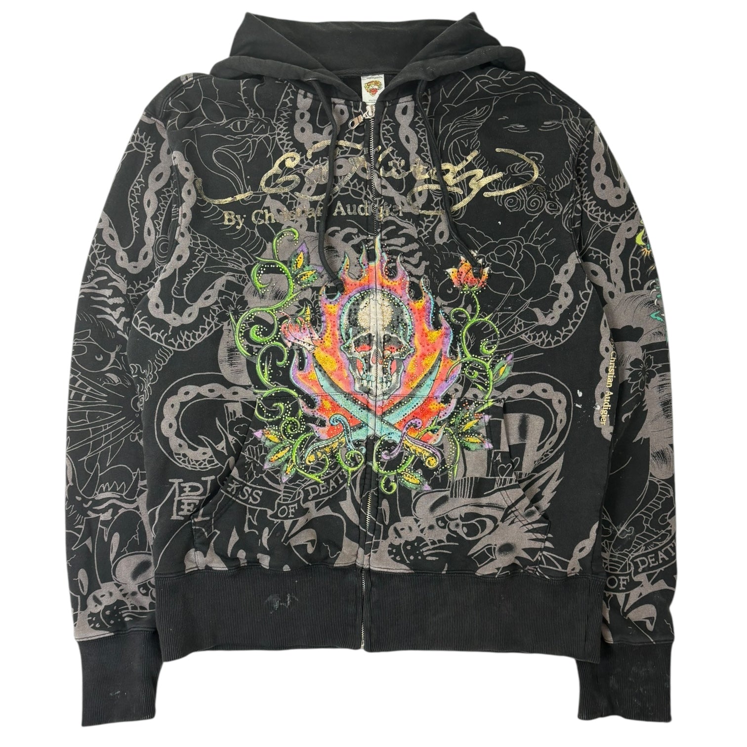 Vintage Y2K Ed Hardy Rhinestone Skull Zip-Up Black