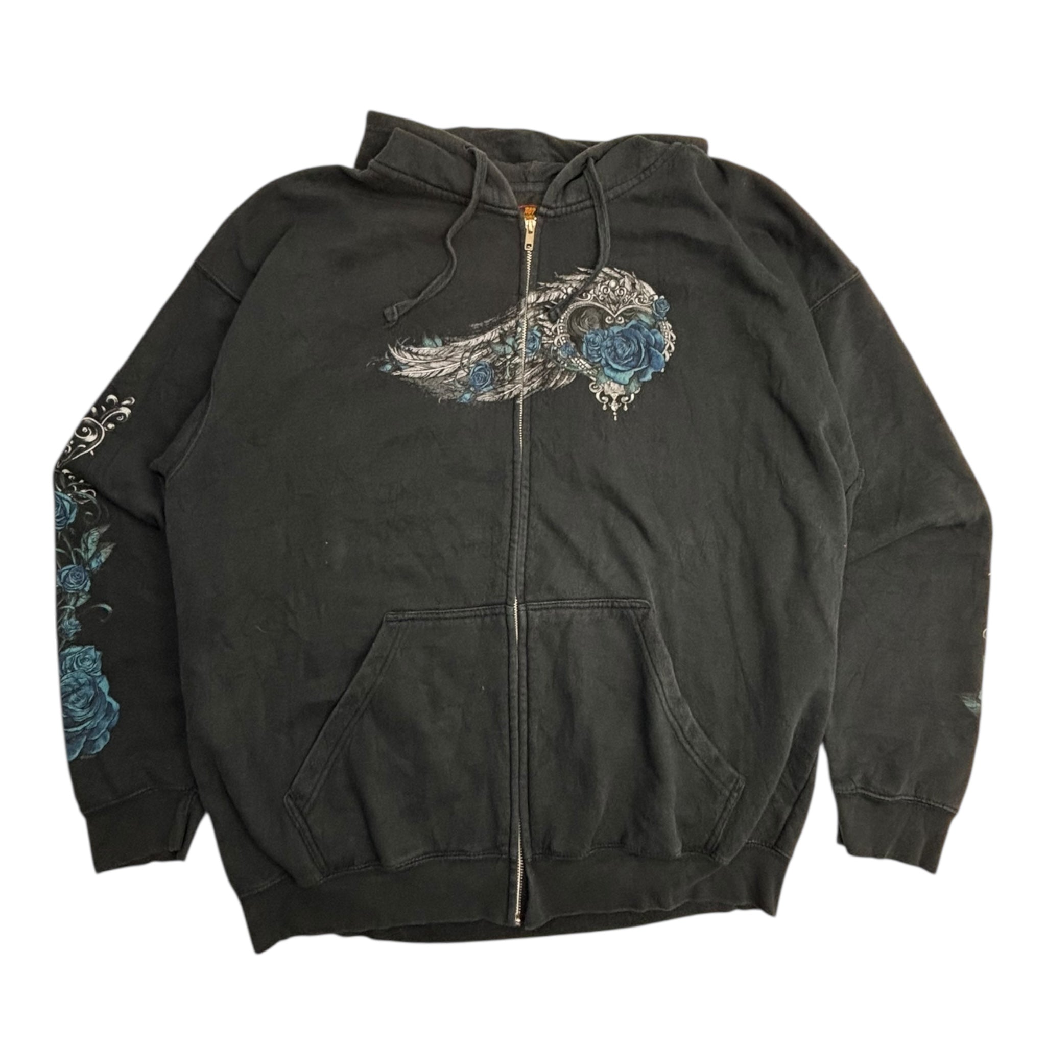 Vintage Y2K Hot Leathers Angel Roses Zip-Up Hoodie