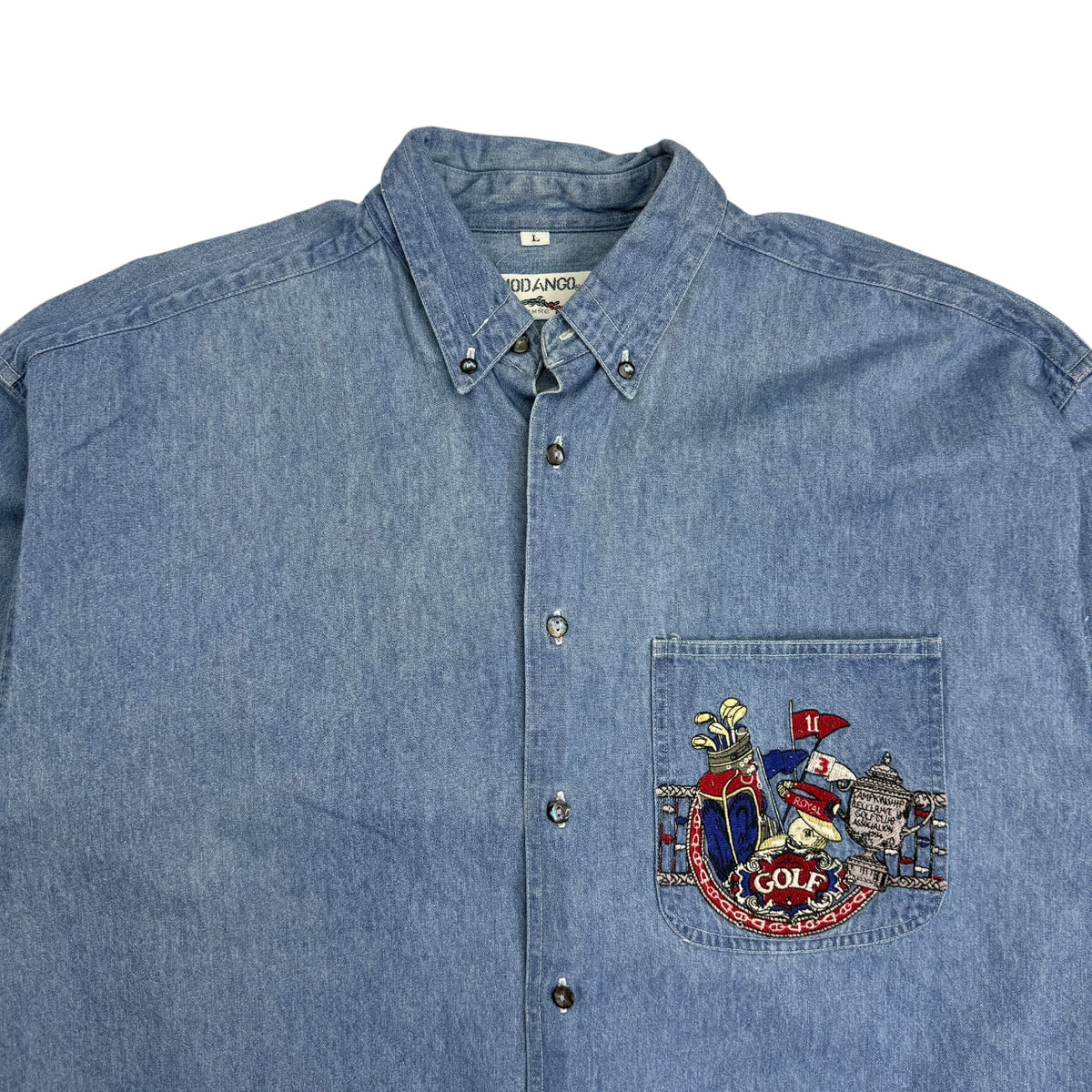 Vintage Golf Embroidered Crest Denim Button Up Shirt Light Wash
