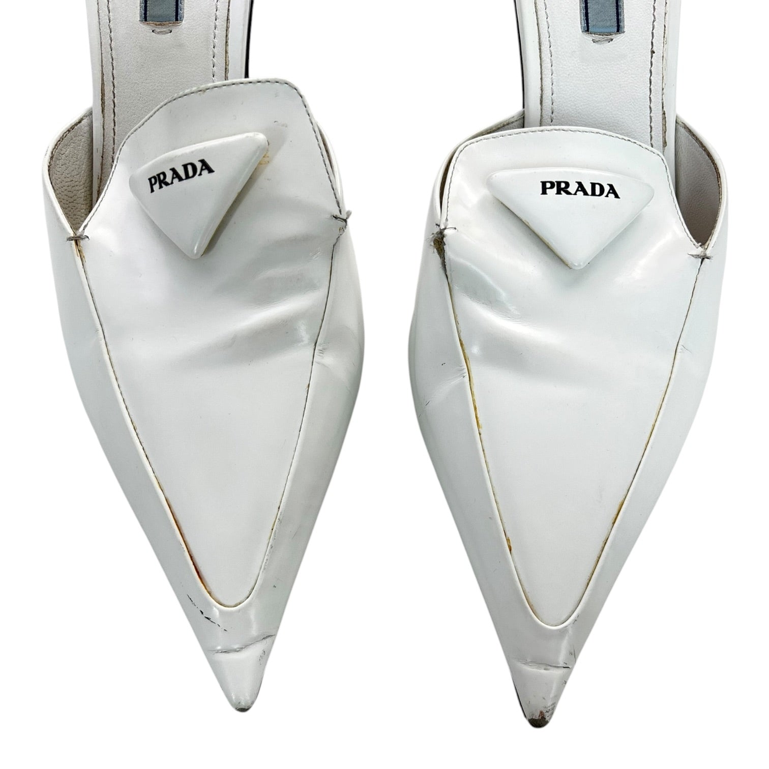 (W) Prada White Spazzolato Triangle Logo 55M Pointed Toe Mules Heels