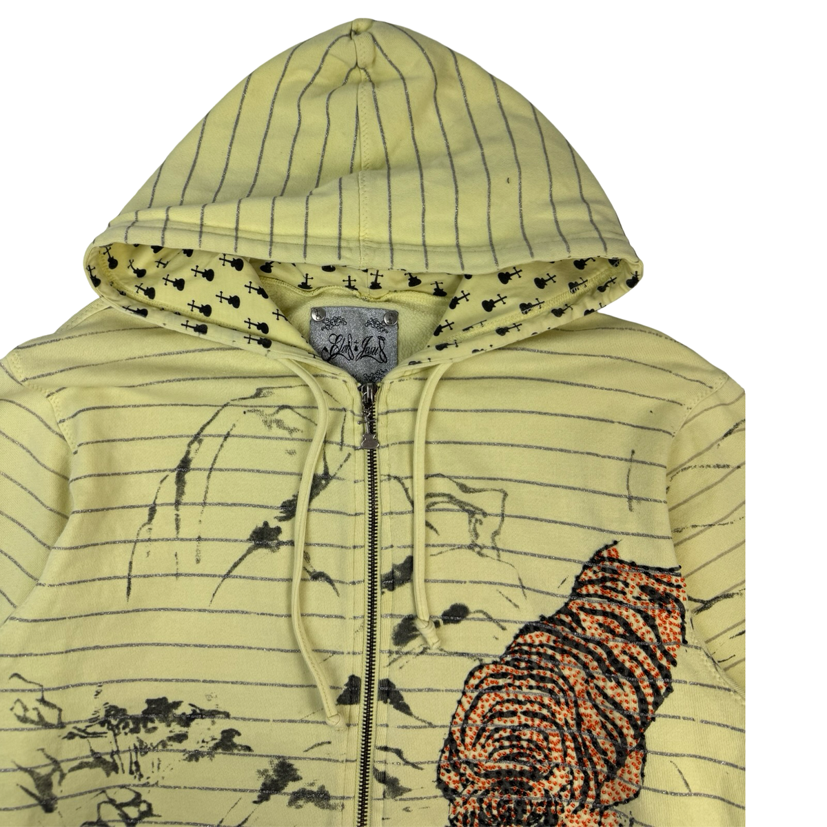 Vintage Y2K Bedazzled Tiger Striped Zip Up Hoodie Soft Yellow