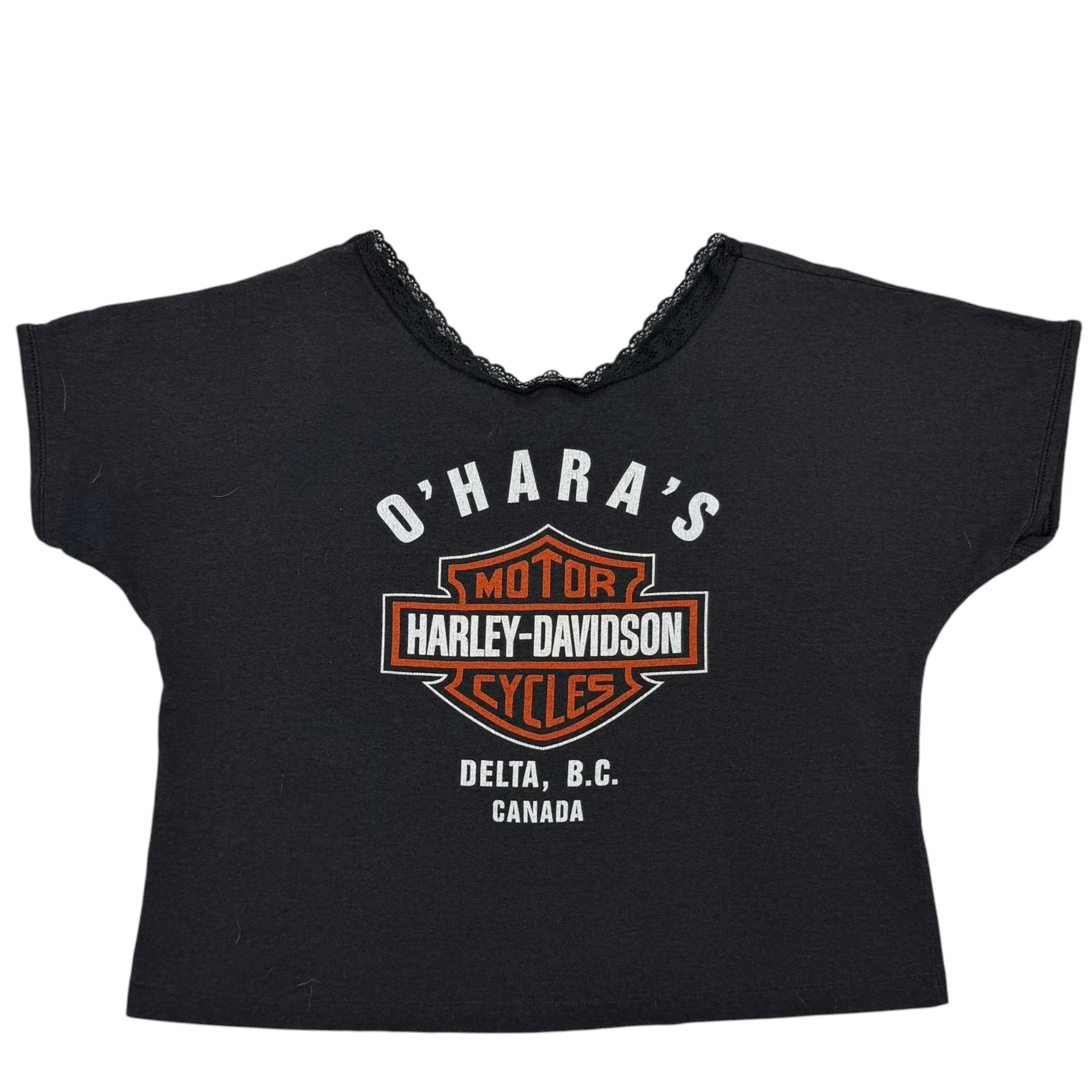 (W) Vintage Harley Davidson Delta B.C. Lace Neck Baby Tee Black