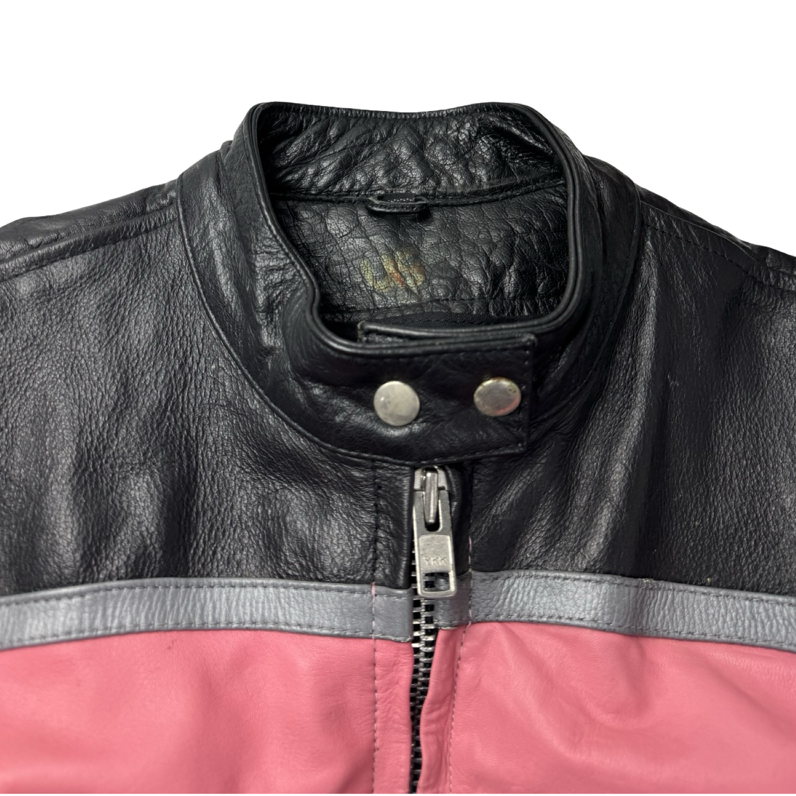 (W) Vintage Striped Pink Black Leather Biker Jacket