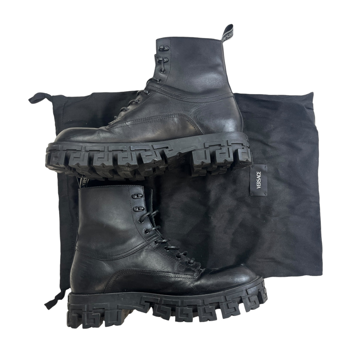 Versace Greca Portico Leather Combat Boots (Used)