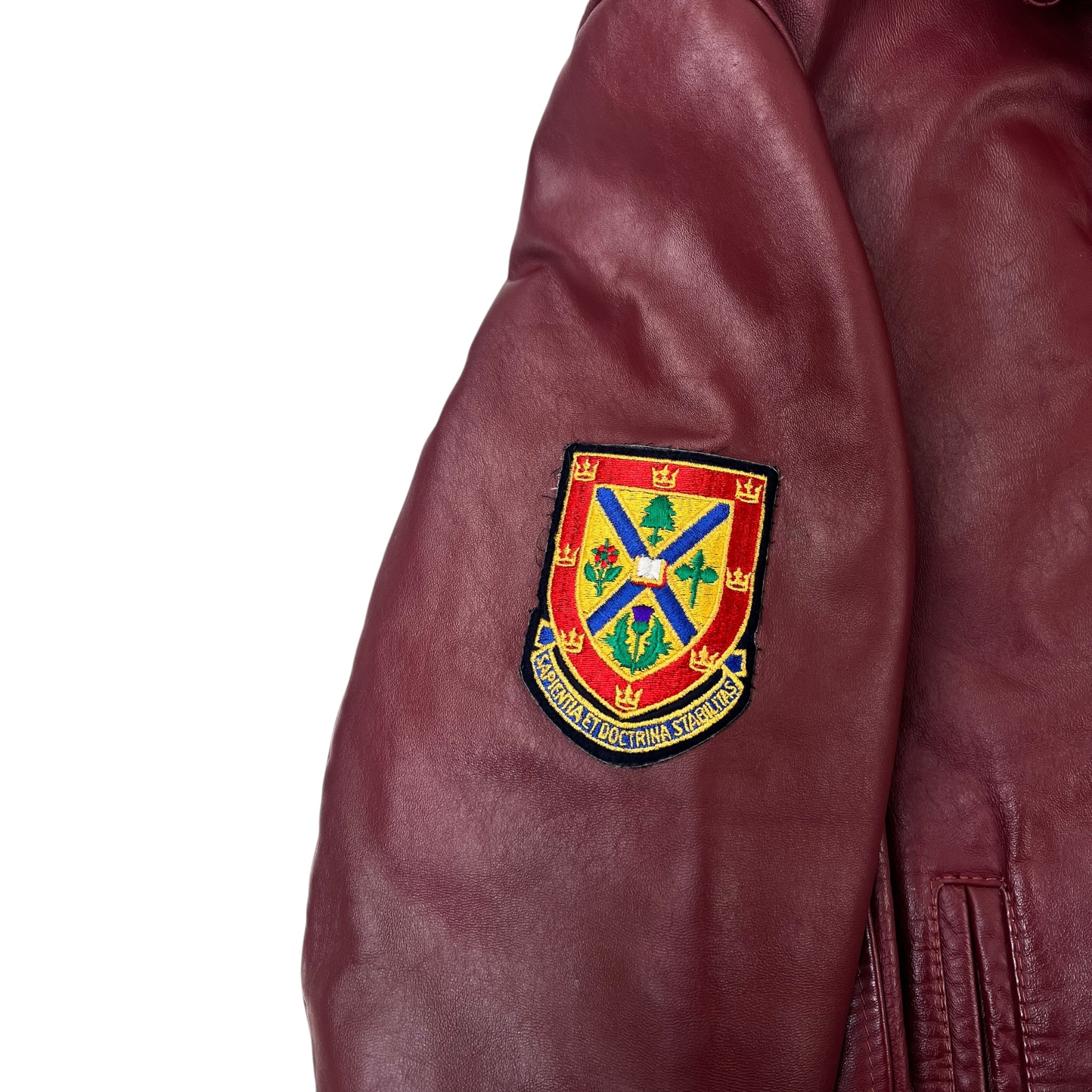 Vintage Queen's University Leather Environmental Geography Varsity Jacket Burgundy