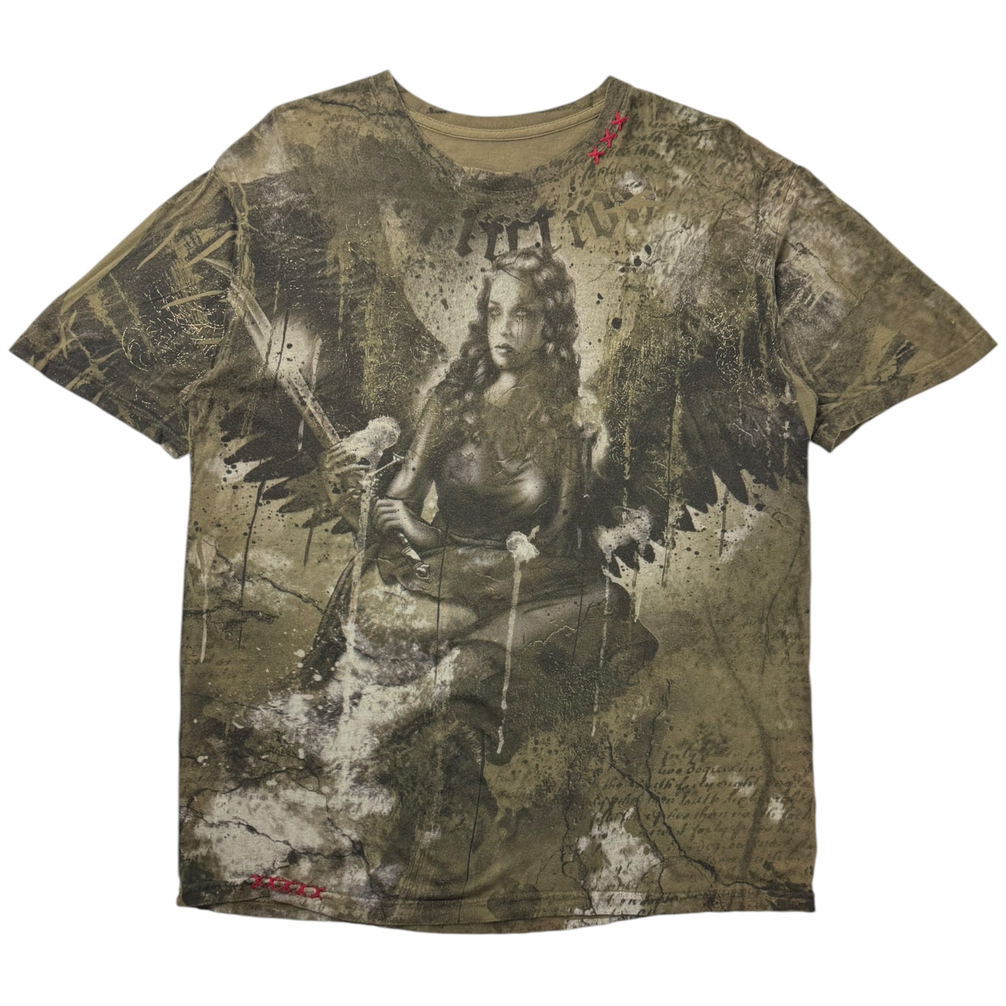 Vintage Y2K Affliction Bamboo Series Dark Angel T-Shirt Green