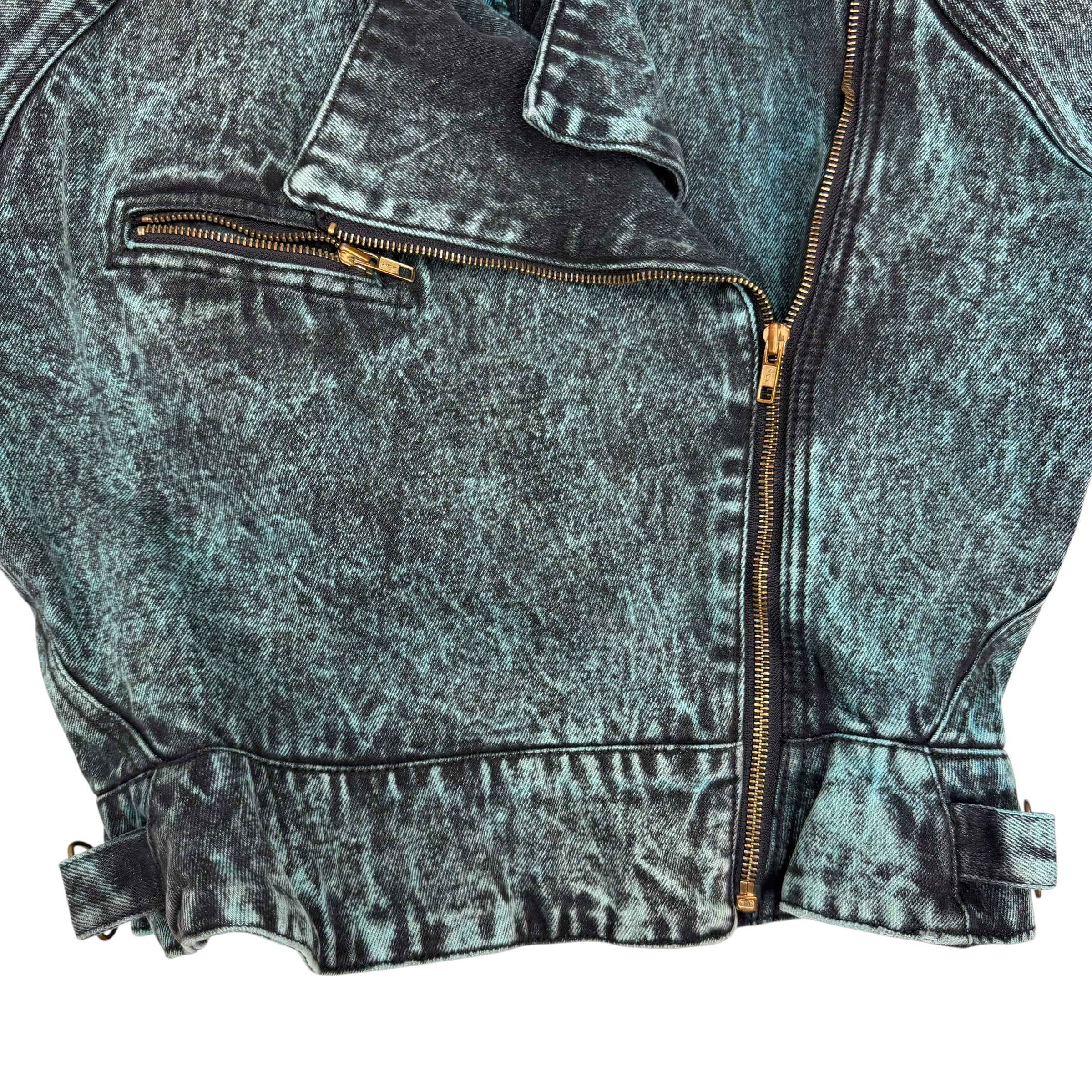 (W) Vintage Prima Donna Acid Wash Denim Biker Jacket Teal