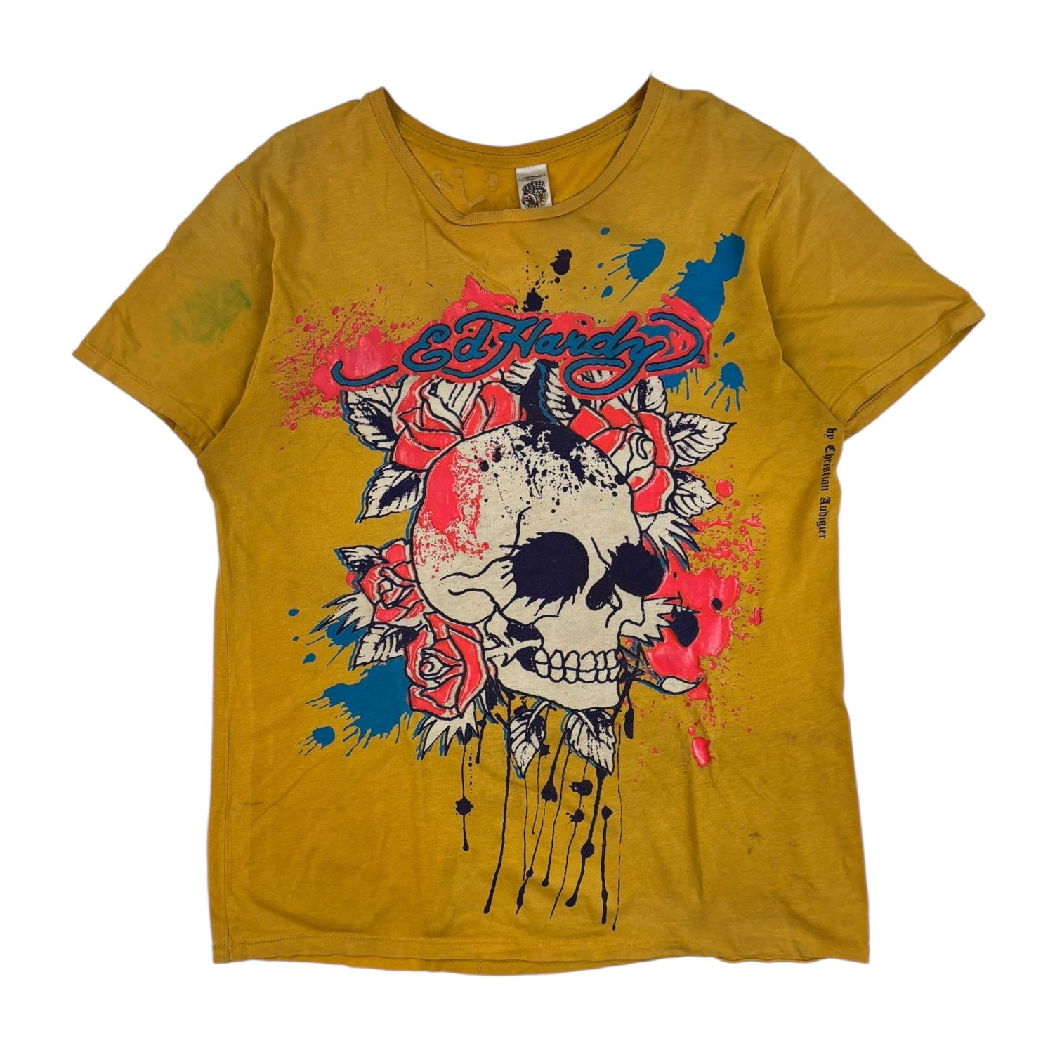 Vintage Y2K Ed Hardy Splatter Skull T-Shirt Yellow