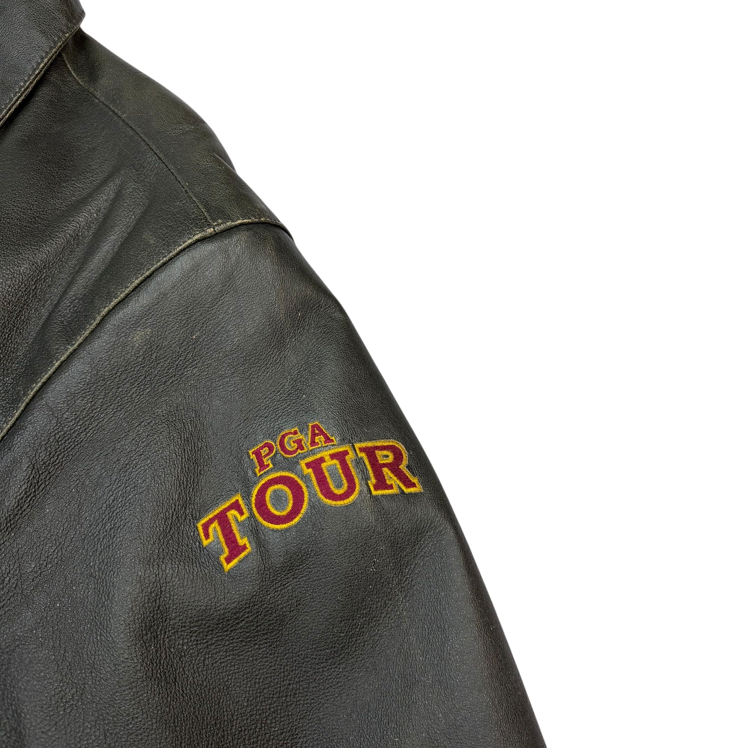 Vintage PGA Tour Partners Club Chenille Leather Jacket Black