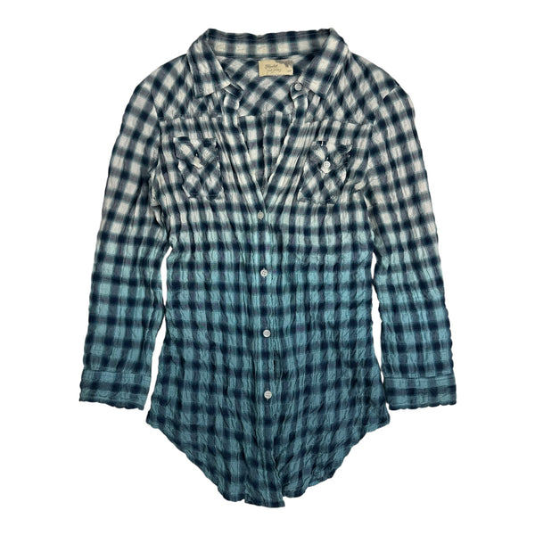 (W) Elizabeth And James Gathered Back Button Up Shirt Green Plaid