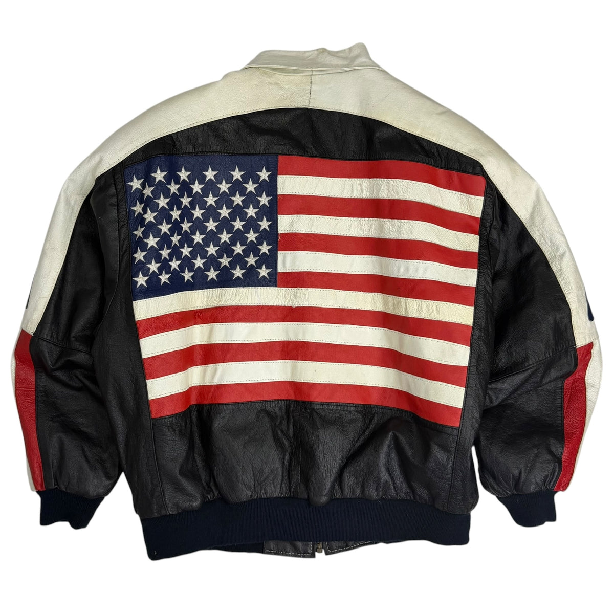 Vintage Pelle Cuir American Flag Leather Bomber Jacket Black