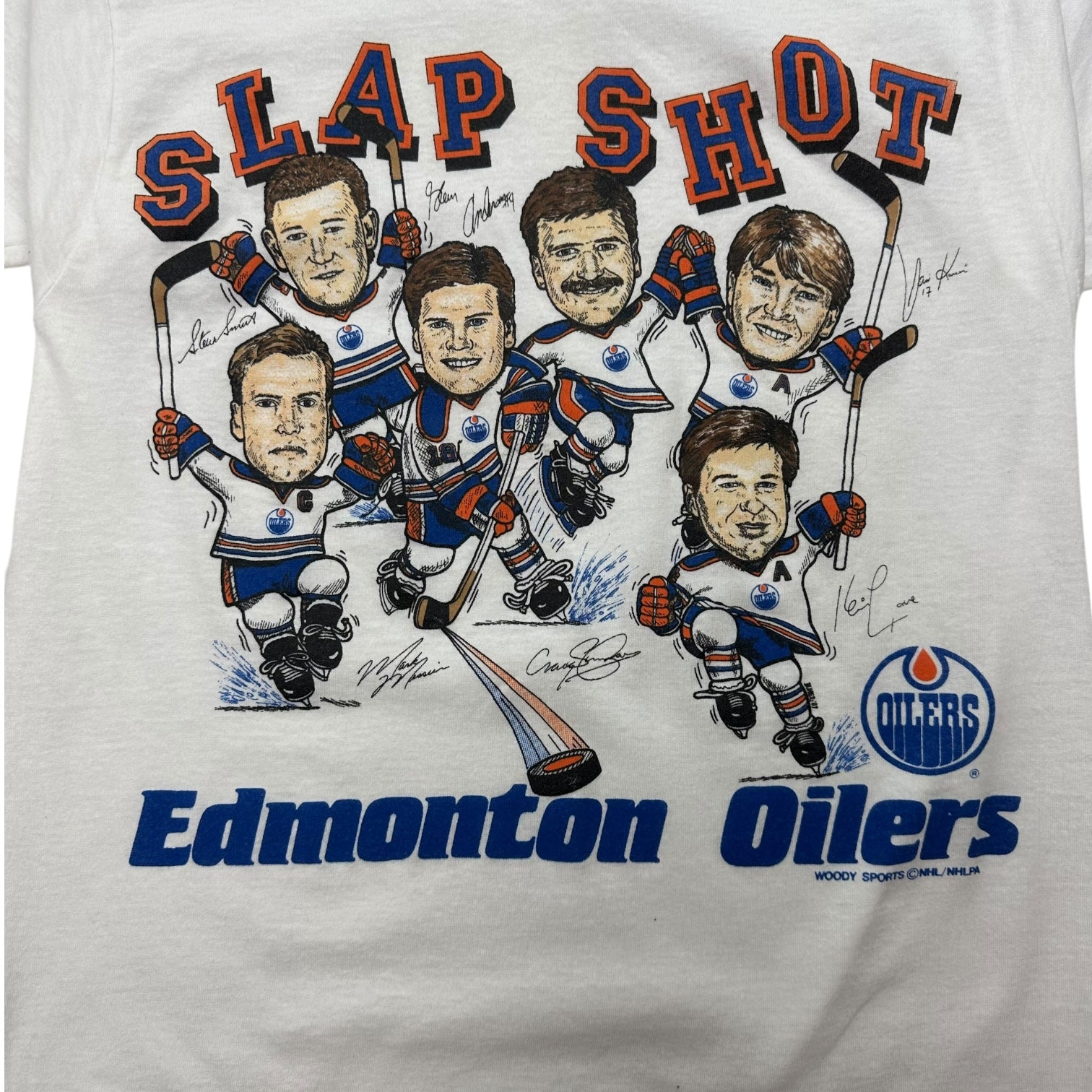 Vintage Edmonton Oilers Big Head ‘Slap Shot’ Tee White