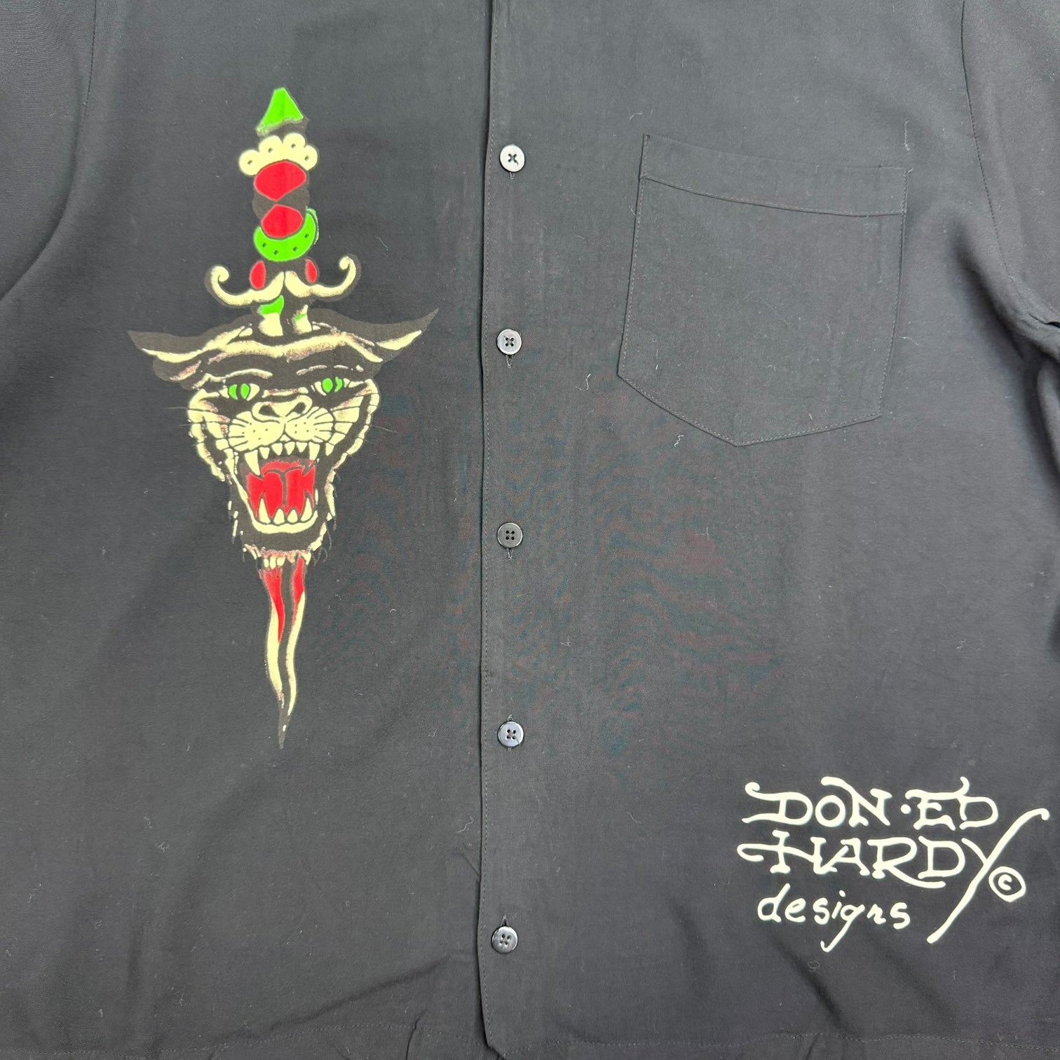 Vintage Y2K Ed Hardy Tattoo Rayon Button Up Shirt Black