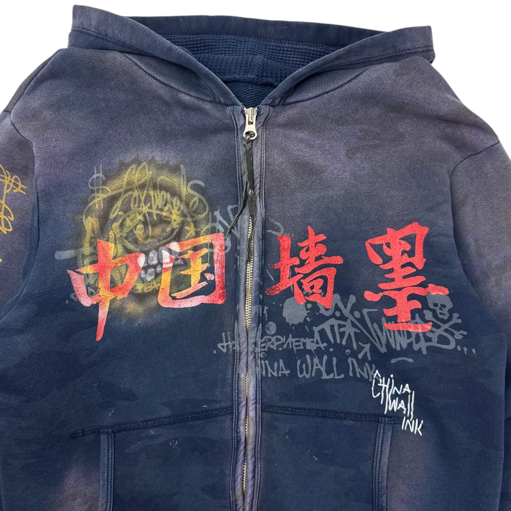 Y2K The Great China Wall Zip Up Hoodie Blue Camo