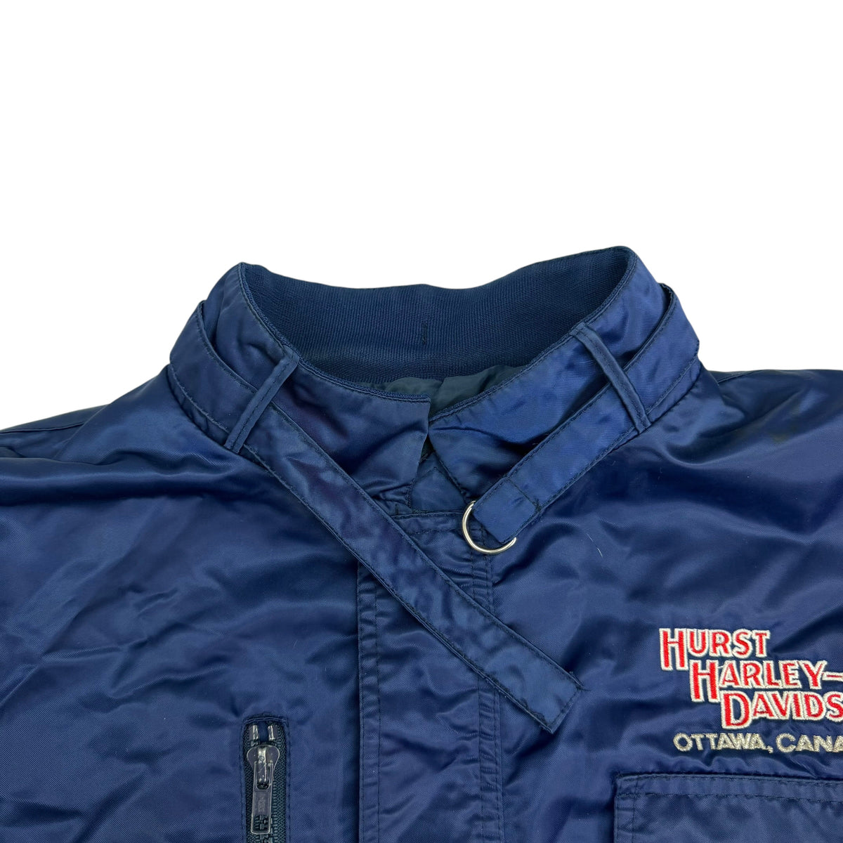 Vintage 80s Harley Davidson Born In The USA Eagle Embroidered Satin Jacket Navy